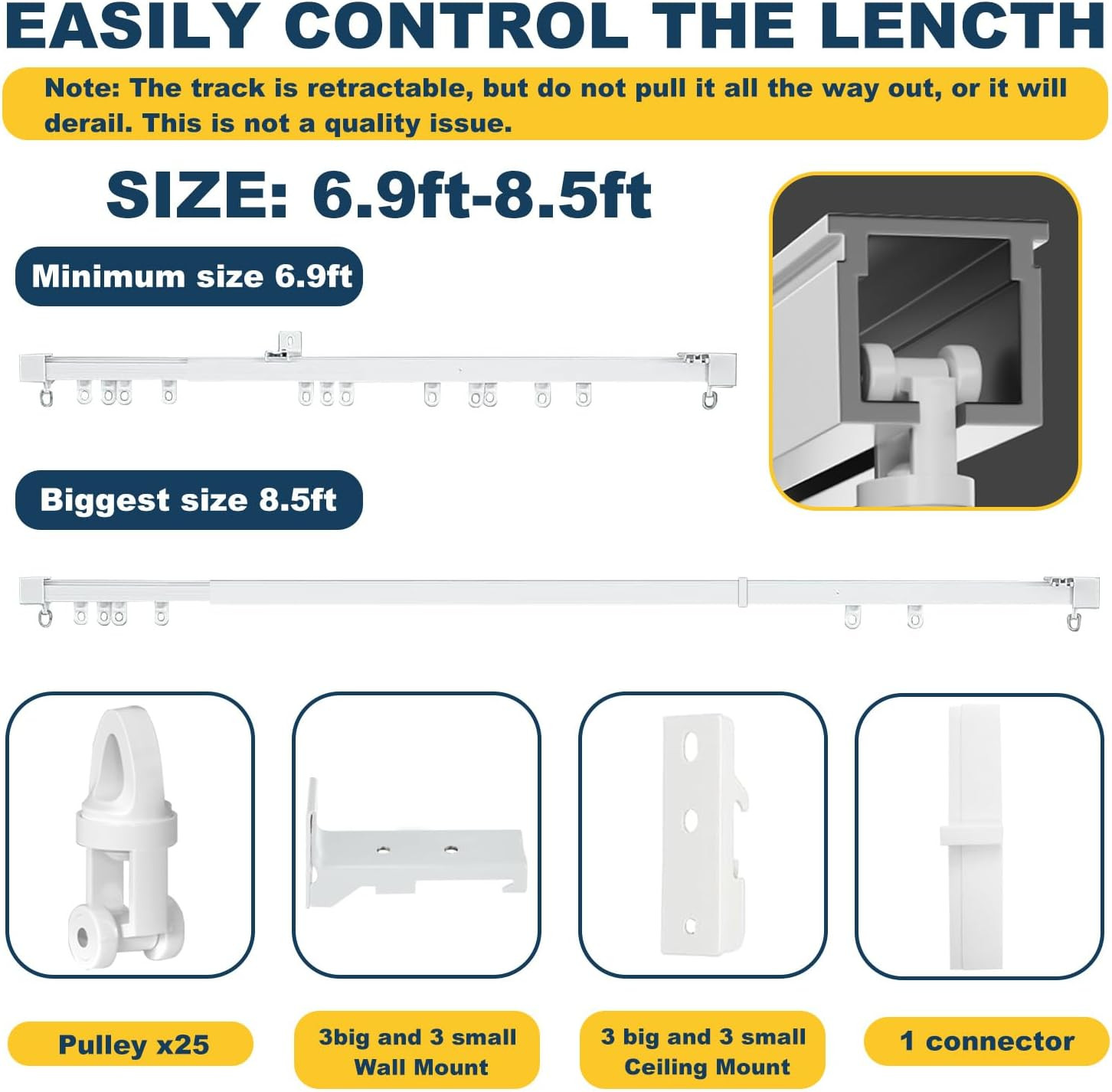 Retractable Curtain Track System, 6.9-8.5Ft/82.7-102.4In Ceiling & Wall Mounting