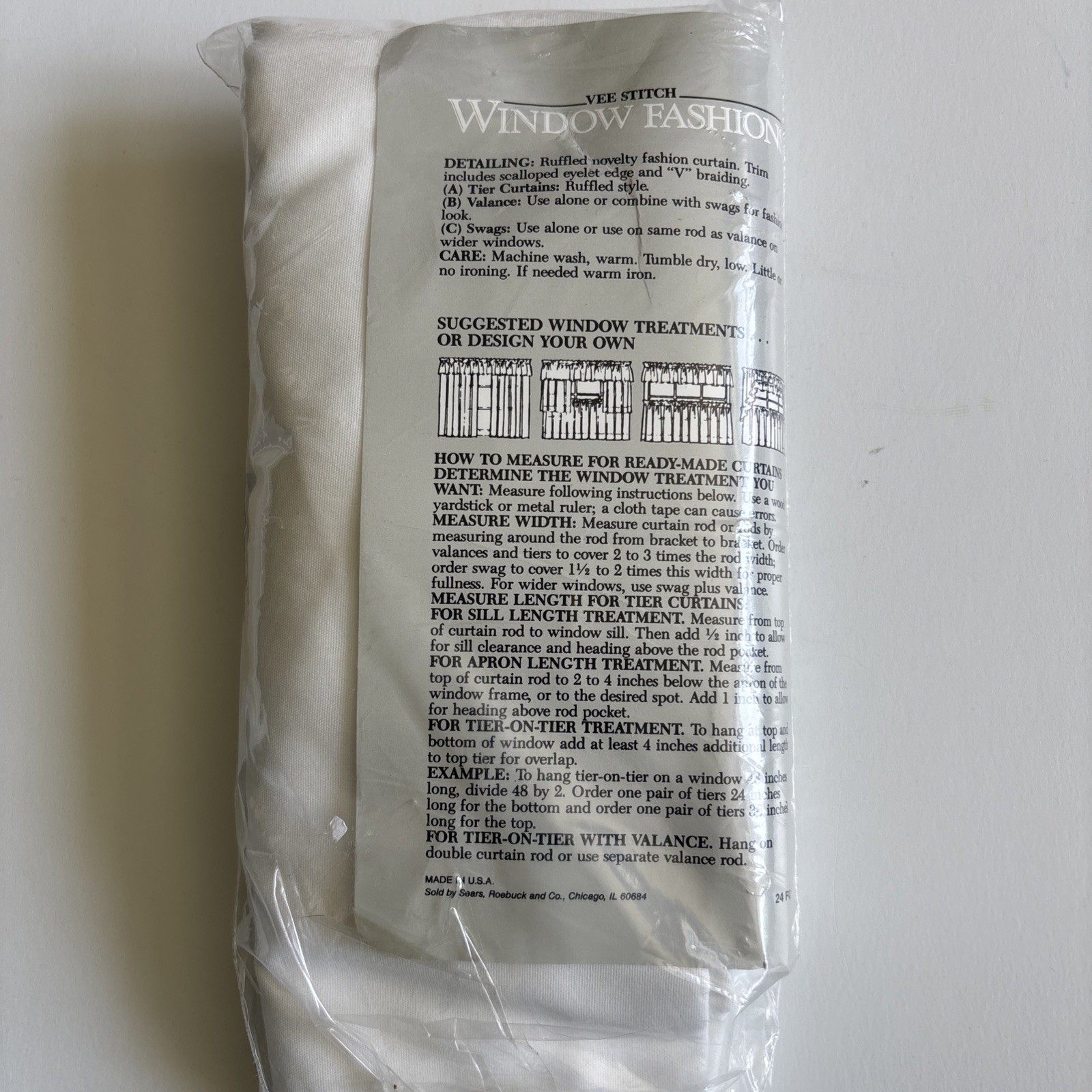 VTG Sears Vee Stitch Window Fashions (A) Tier Curtains White Eyelet Blue Ruffle