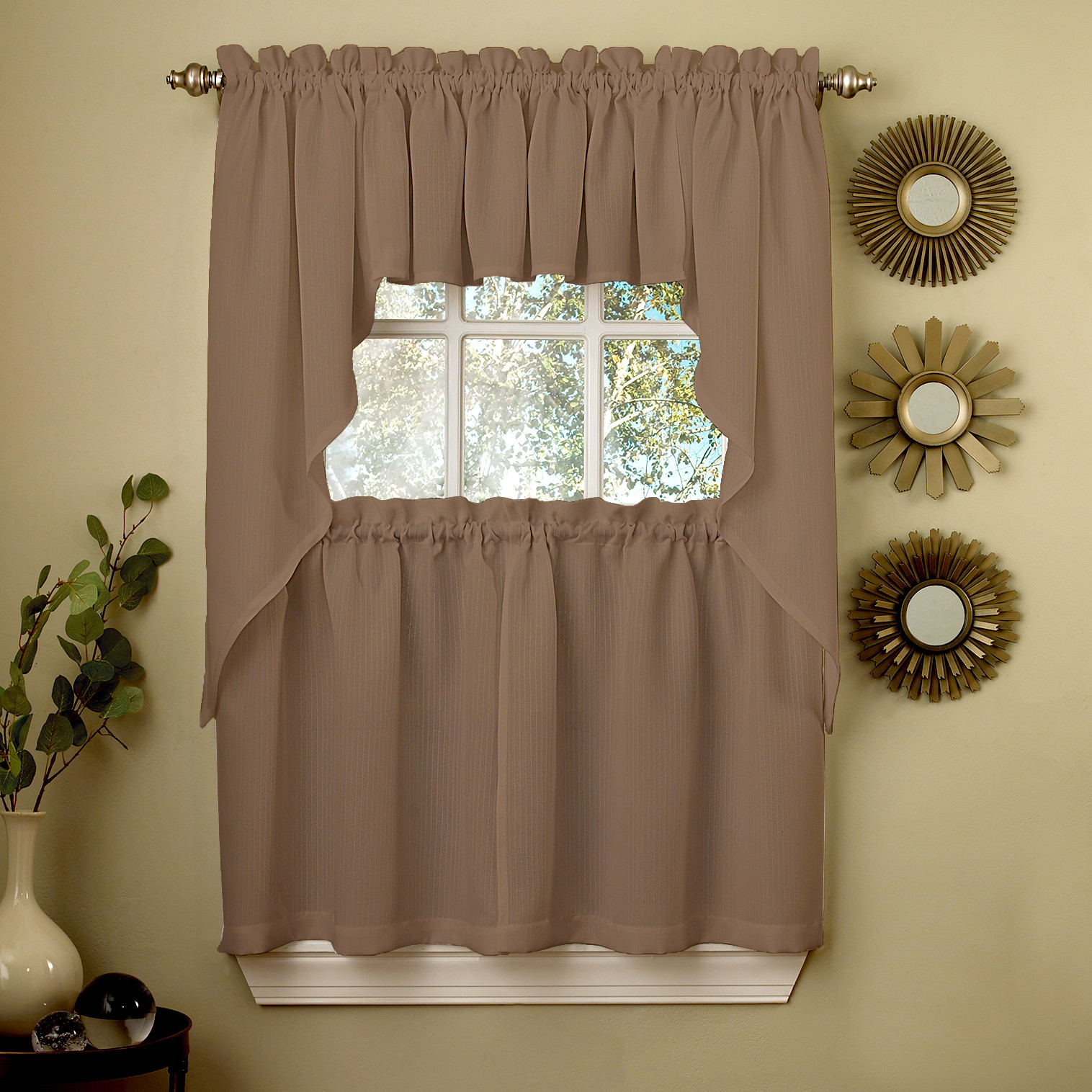 Taupe Opaque Solid Ribcord Kitchen Curtains Choice of Tier Valance or Swag