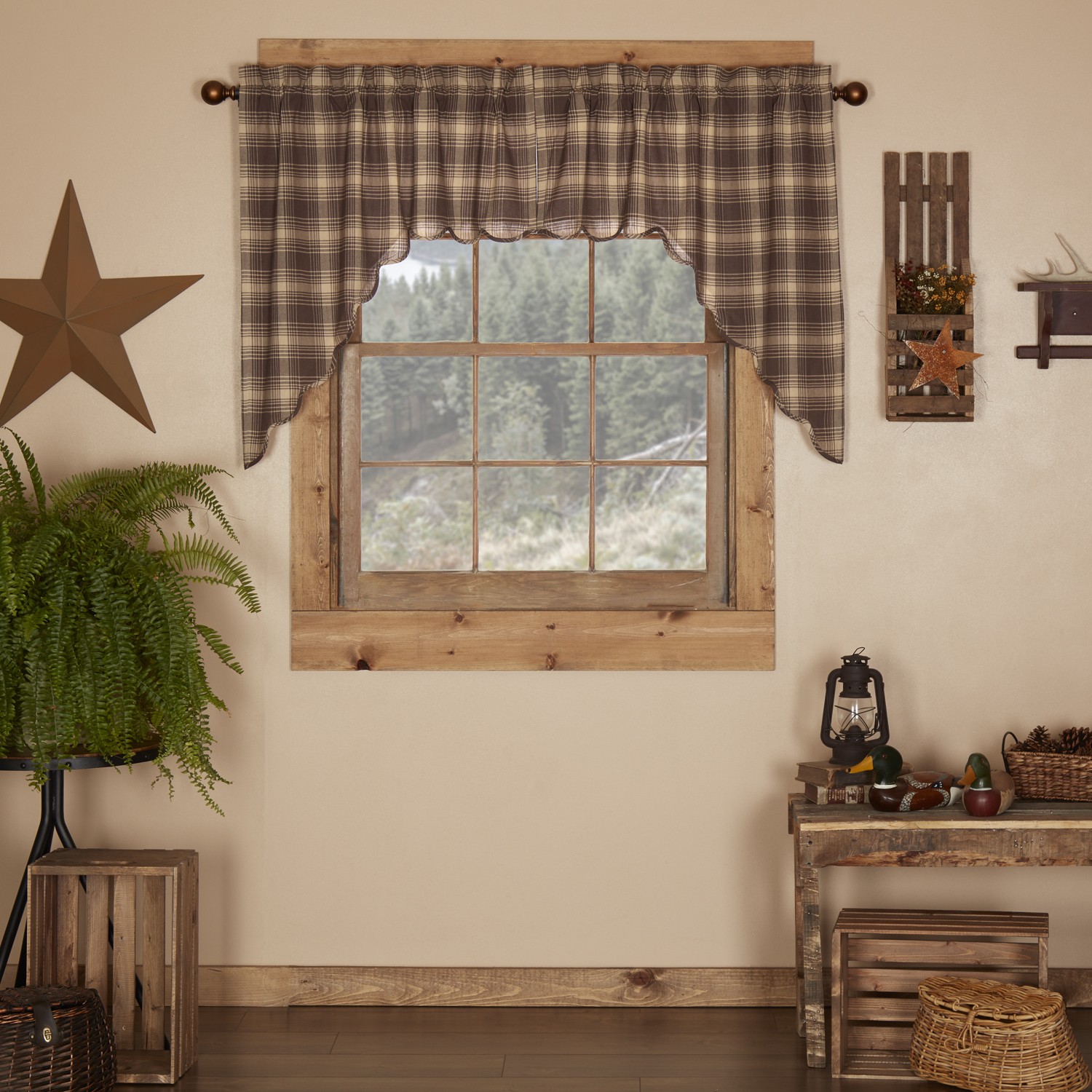 VHC Brands Rustic Swag Pair Brown Rod Pocket Dawson Star Kitchen Window Curtains