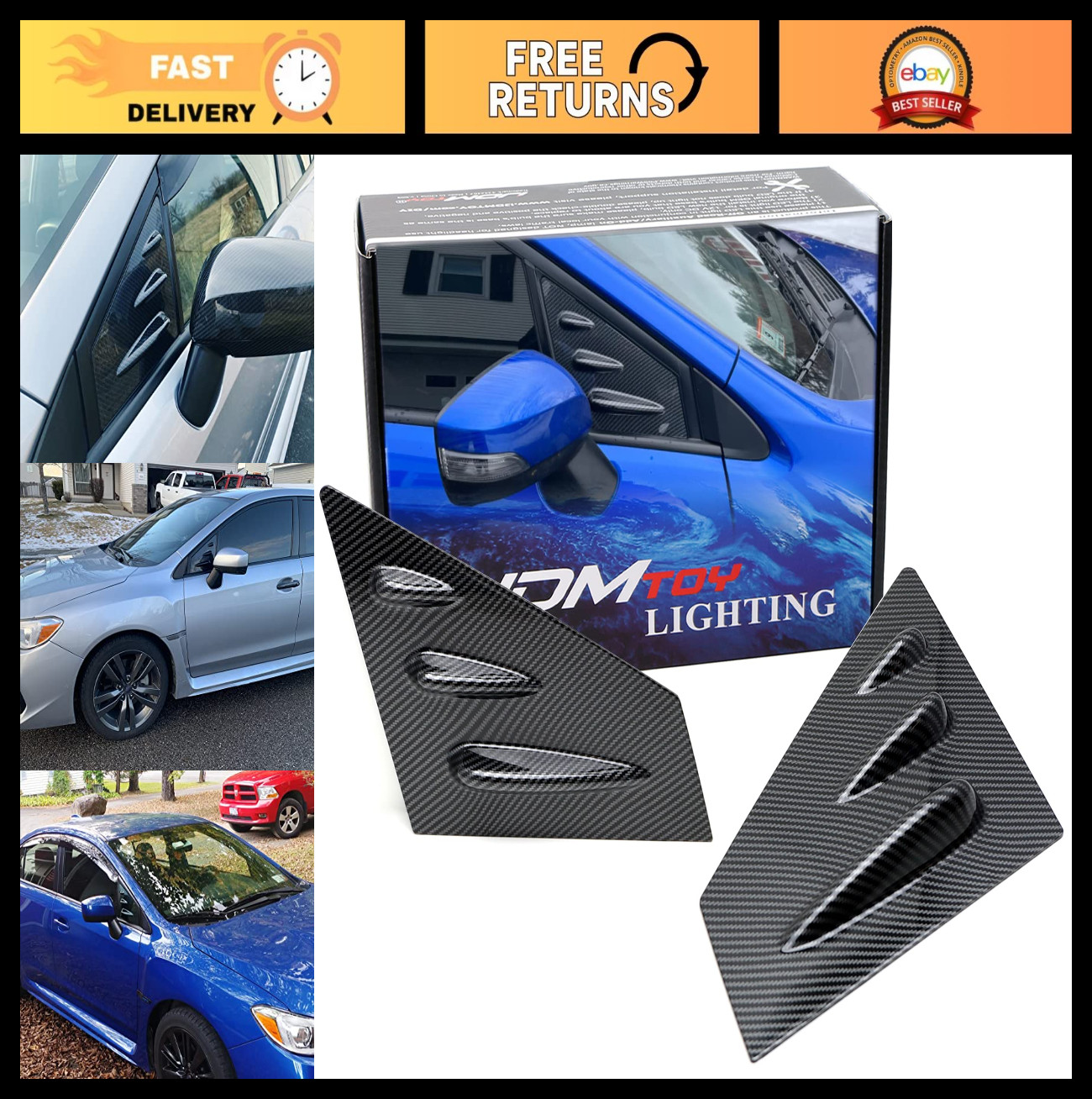 Gloss Black Carbon Fiber Front Quarter Window Louvers for 2015-2021 Subaru WRX/S