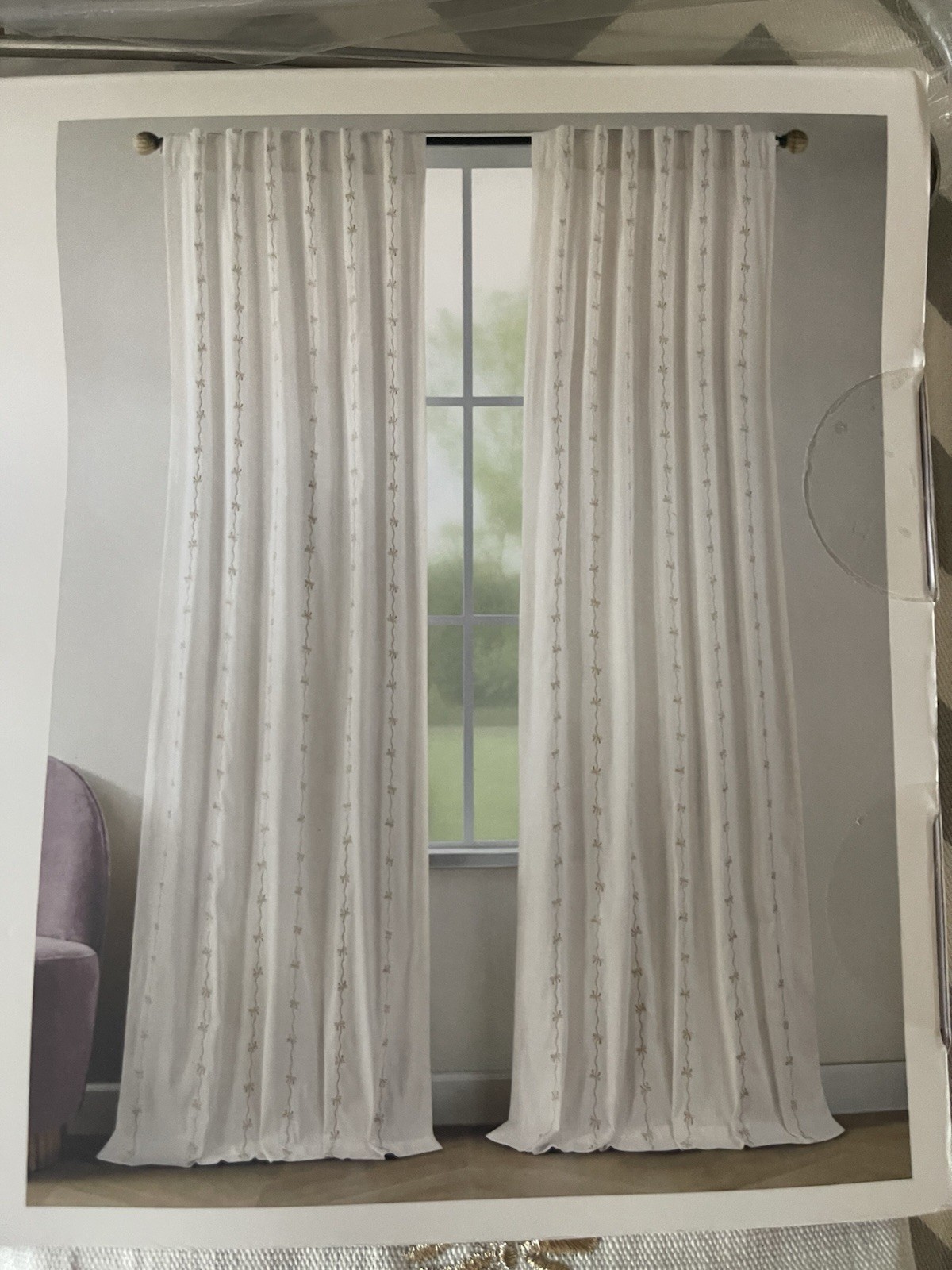 MOSS & WILLOW 100% Cotton Gold Embroidery Curtains Bows Ivory 50X96” NEW SET