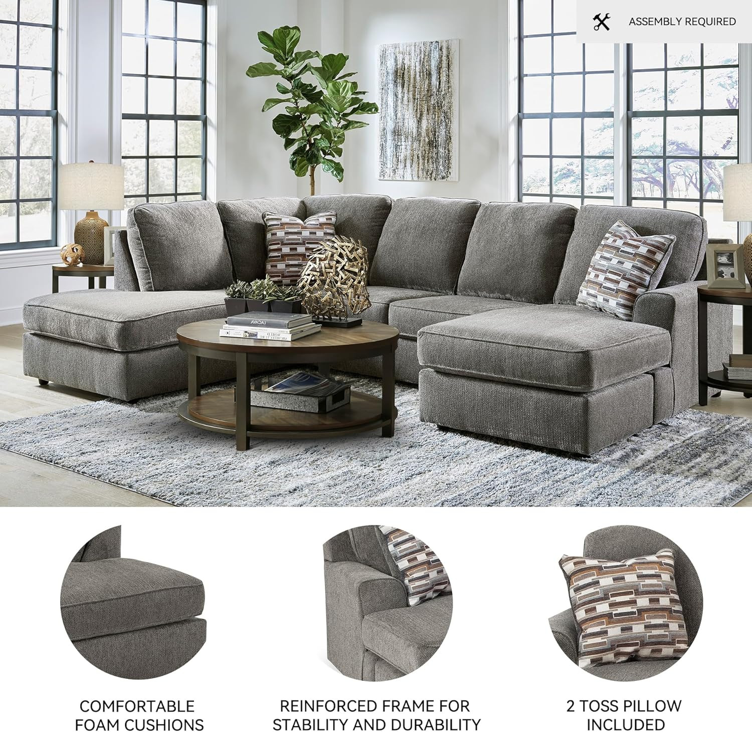 Gray Herringbone Chenille 2-Piece Sectional with Chaise & Pillows