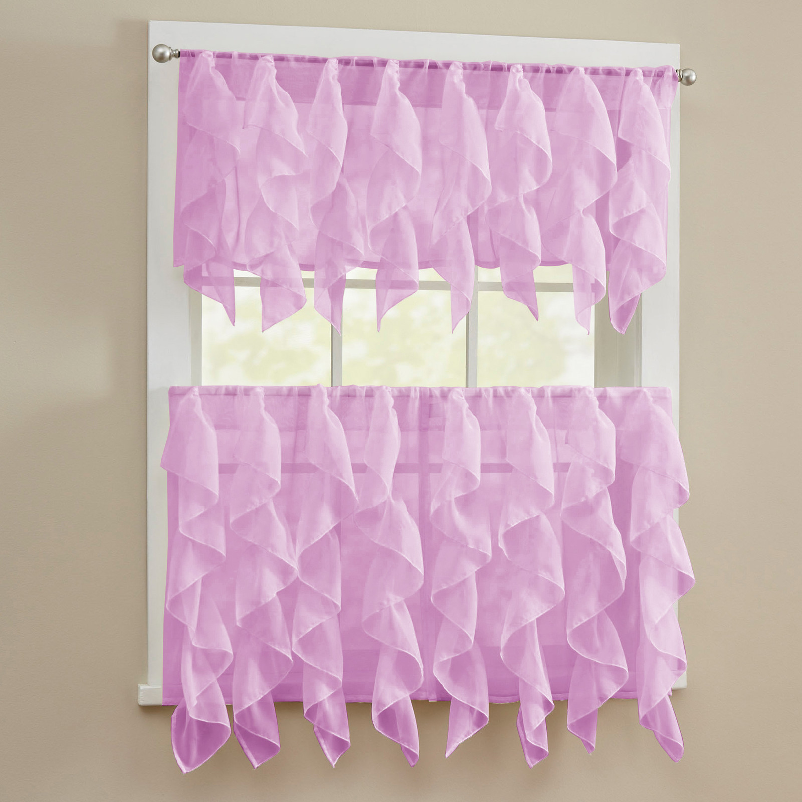 Sheer Voile Vertical Ruffle Window Kitchen Curtain Tiers or Valance – Lavender