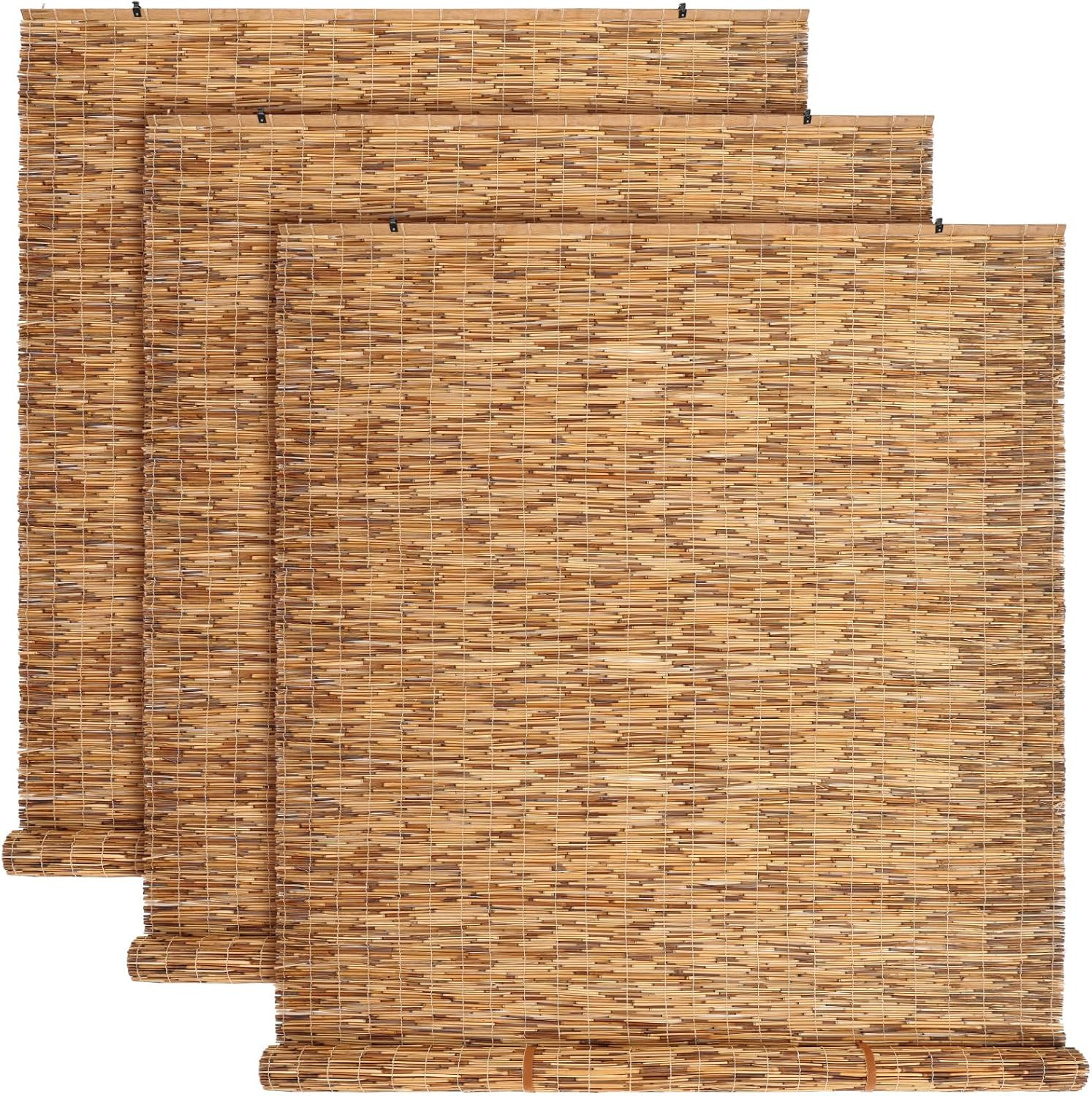 Doublefill 3 Pcs Bamboo Shades Outdoor Reed Roll up Blinds 48″ W X 72″ H Blackou