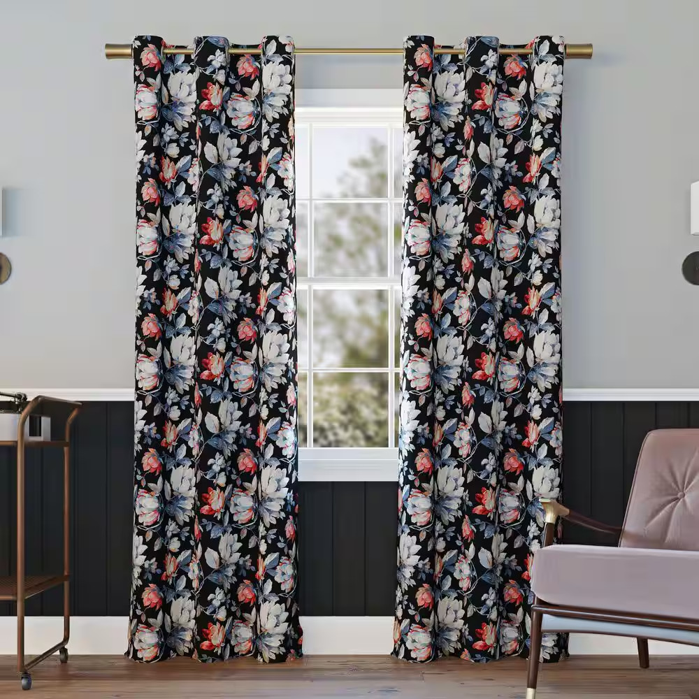Irma Vintage Floral Black 84 In. L X 40 In. W Blackout Grommet Curtain Panel