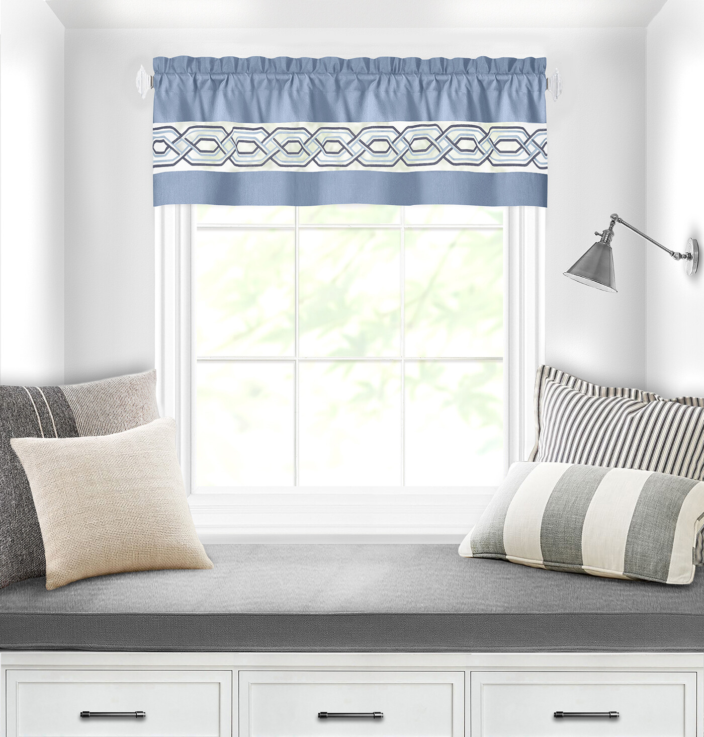 Contemporary Clean Two-Tone Embroidered Window Curtain Set, Blue