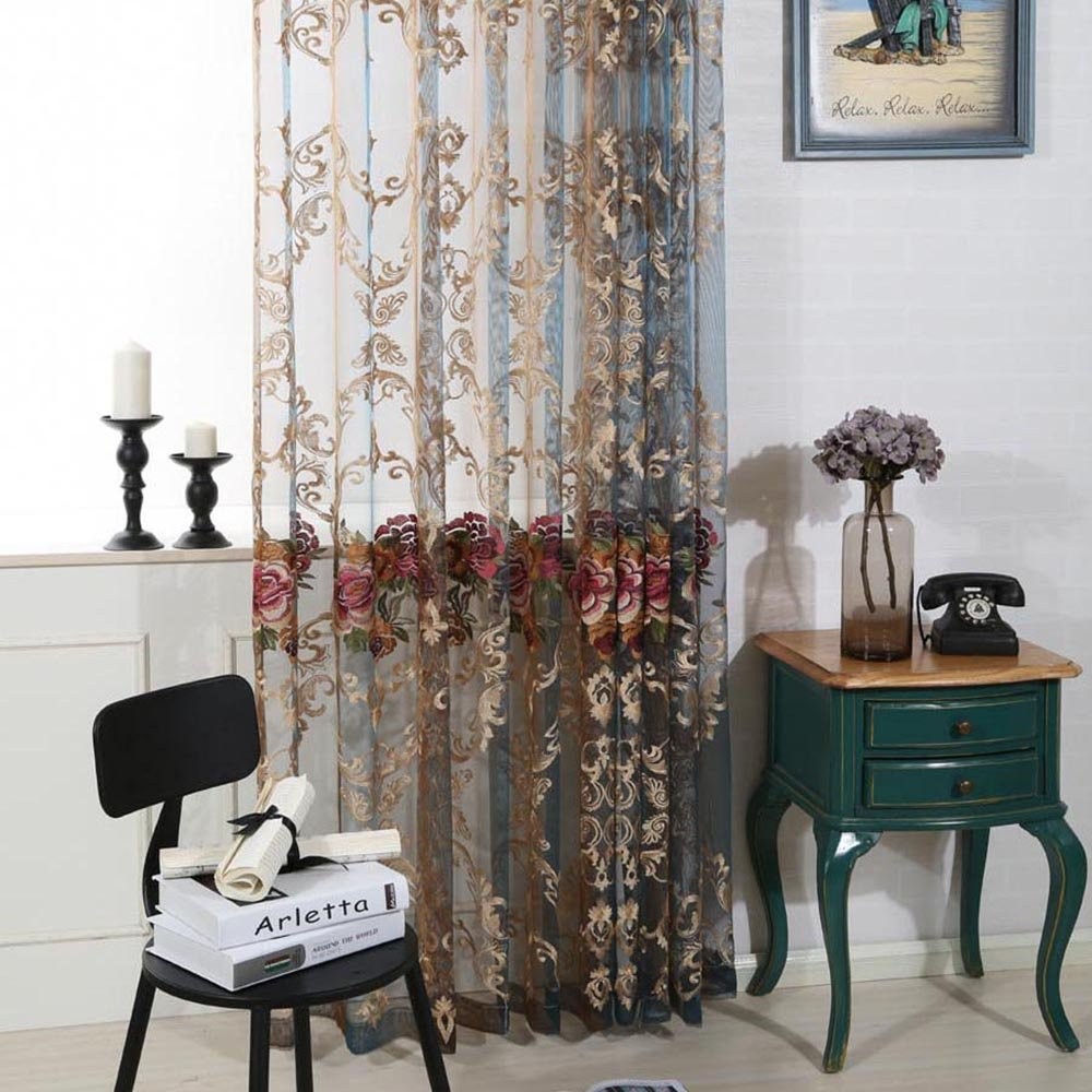 Floral Embroidered Sheer Widnow Curtain Rod Pocket 1PC W39 x L84