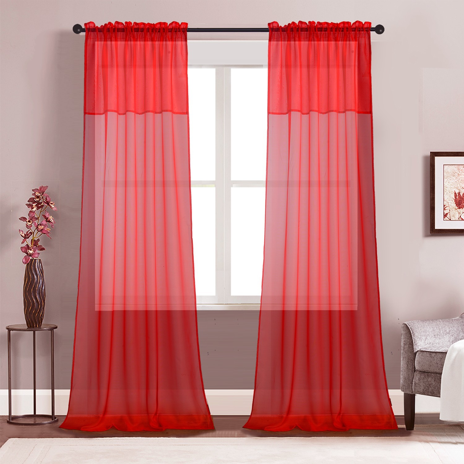 2 Panels Basic Rod Pocket Sheer Curtains with Attached Valance, Voile Drapes