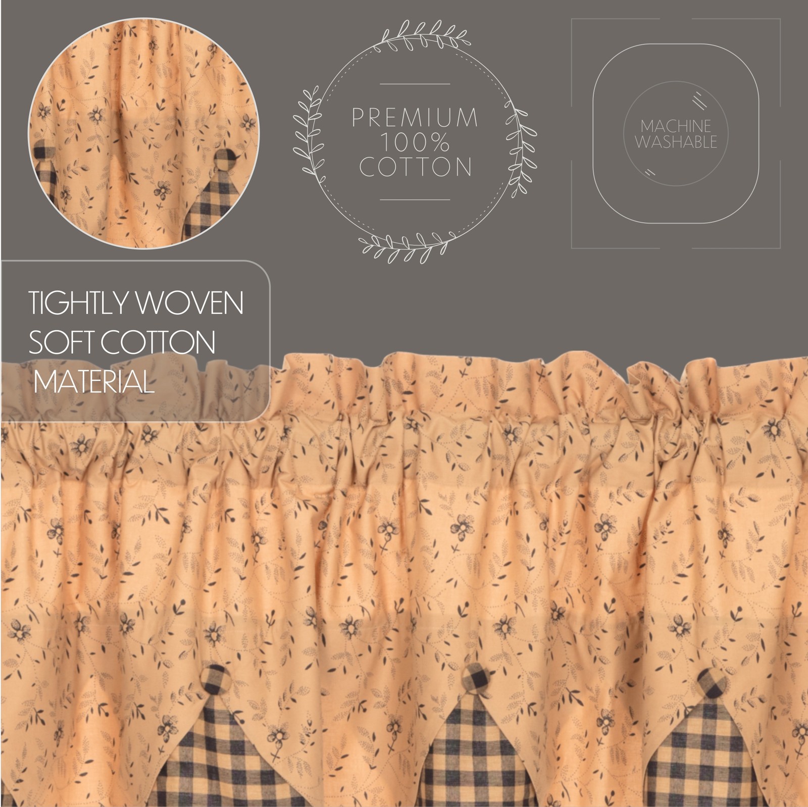 VHC Brands Primitive 63″x36″ Panel Pair Tan Rod Pocket Buttons / Window Curtains
