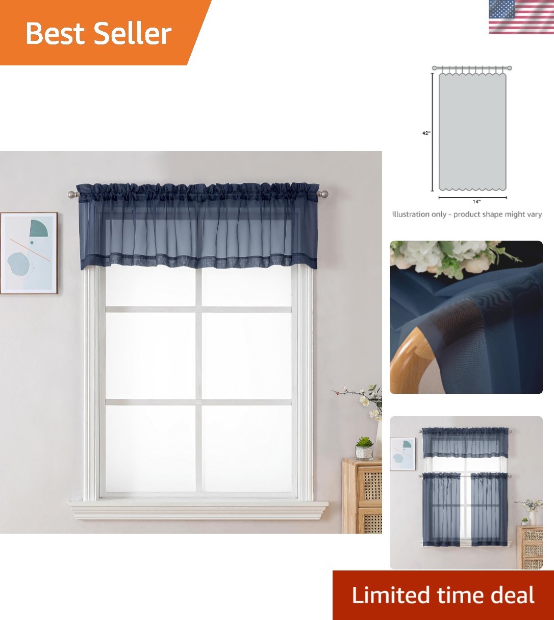 Light Filtering Sheer Window Valances, 42×14 Inches, Navy Blue – Pack of 2