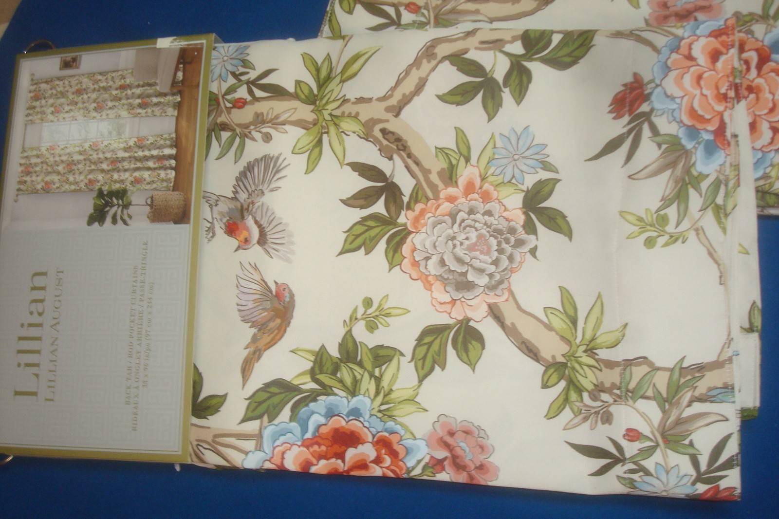 NWT Lillian August Window Curtain Panels Fancy Floral w/ Birds ea 38 x 96″ lg