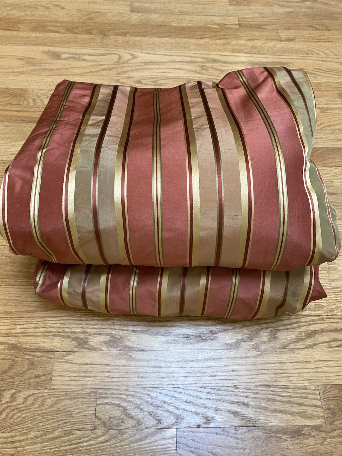 Pair Custom Silk Pinch Pleated Curtain Drapes Inter Lined Rust Gold Stripe 92×34