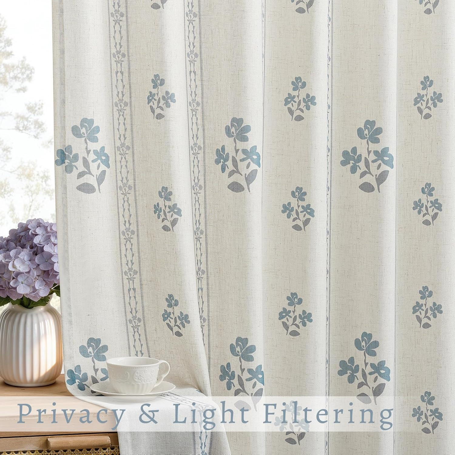 Blue Grey Pinch Pleated Floral Curtains 96 Inches Long for Living Dining Room Pi