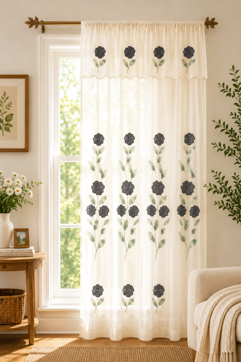 Vintage Ivory Floral Sheer Curtain Panel Double Layer Valance 60 in. x 84 in.