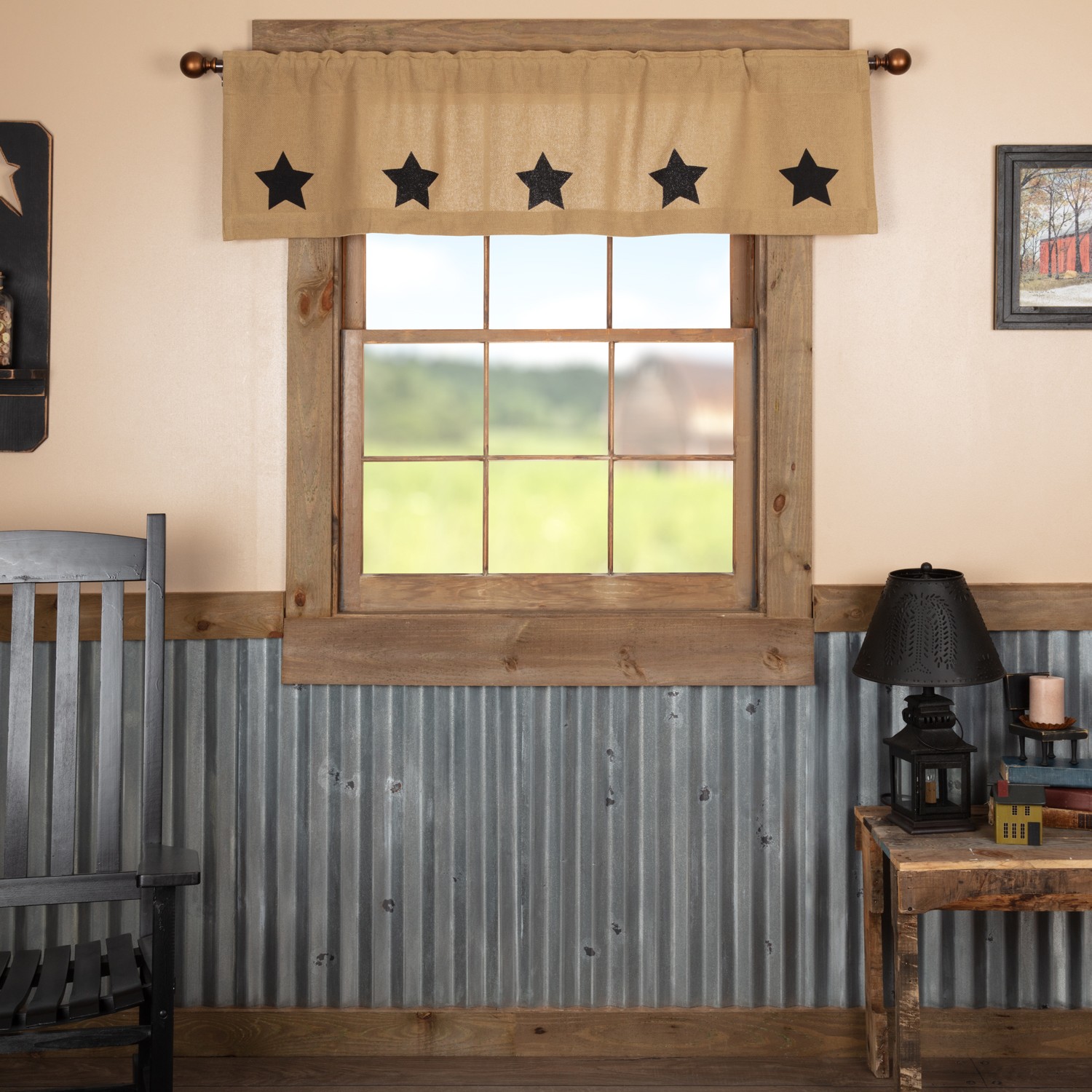 VHC Brands Primitive 16″x60″ Stars Valance Tan Rod with Kitchen Window Curtains