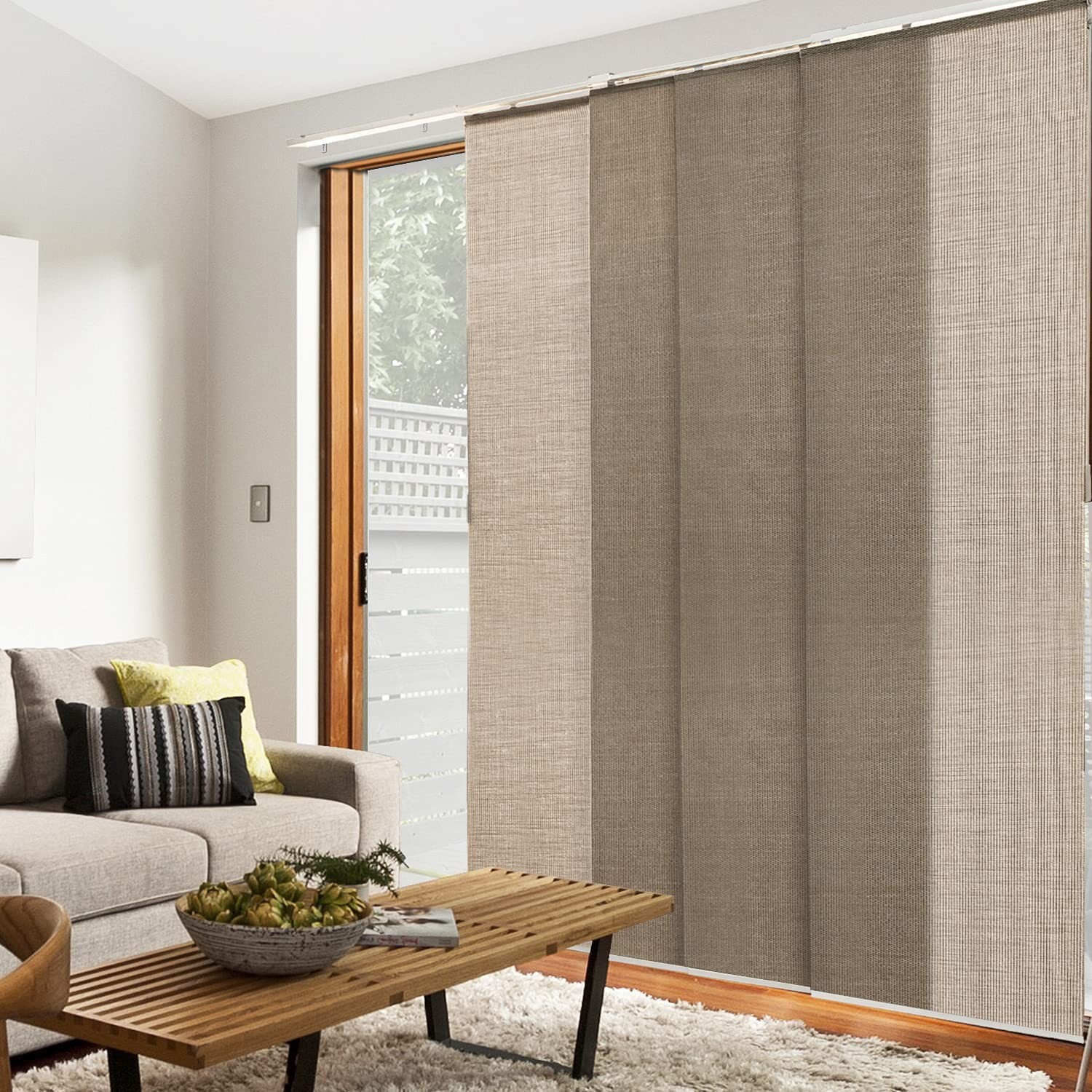 chicology vertical blinds, room divider, woven truffle, 46-86in x 96in