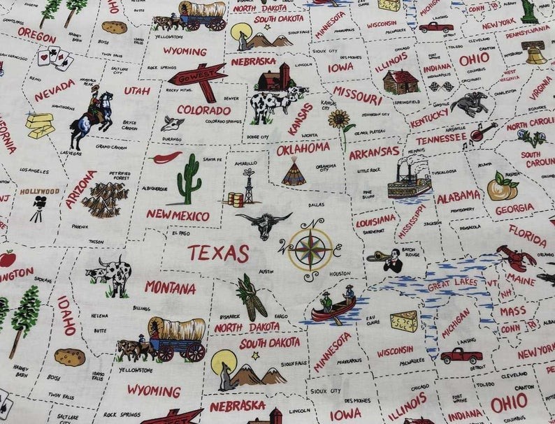 USA Map Valance – United States Americana Curtain – Novelty States Print