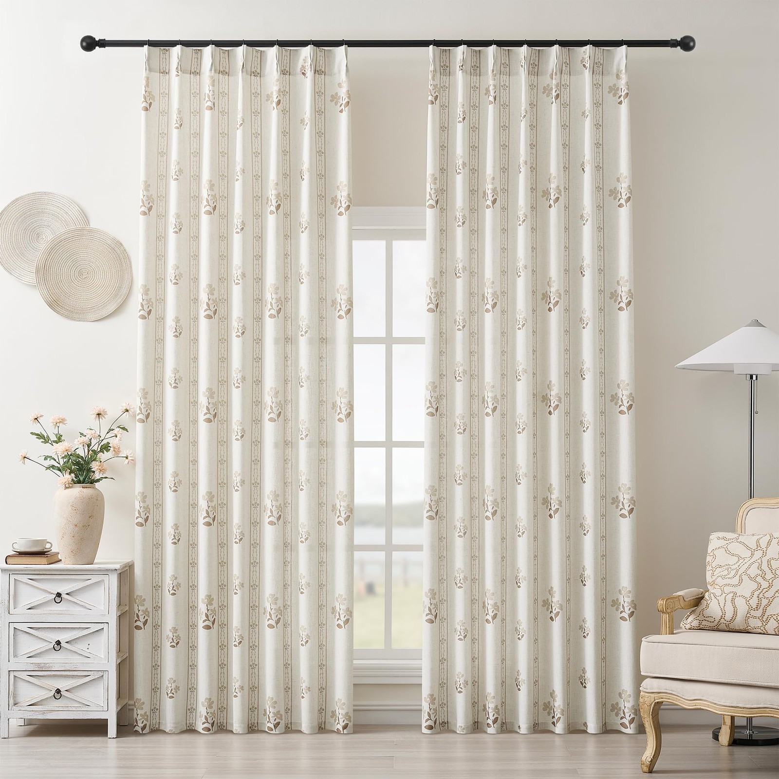 Coffee Pinch Pleated Floral Curtains 84 Inches Long for Living Dining Room Pi…