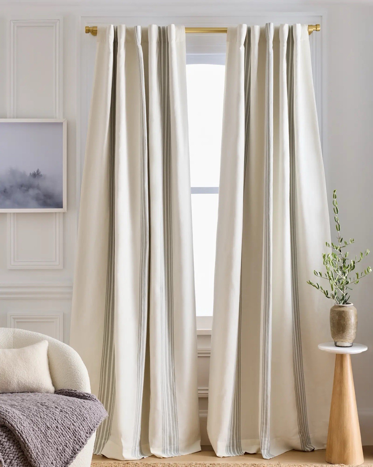 NWOT QUINCE Coastal Stripe Linen Cotton Room Dark Curtain Panel SAGE IVORY 84”