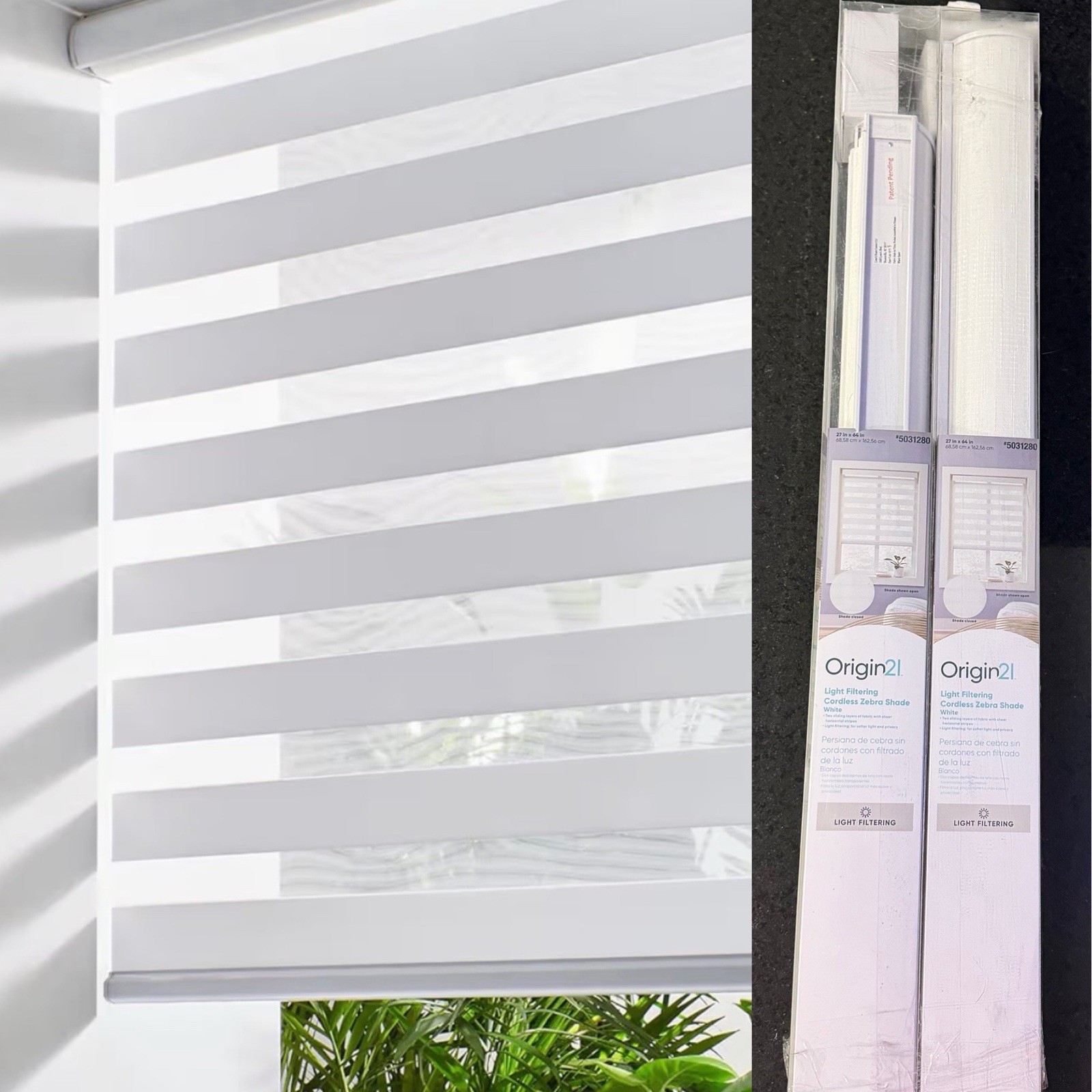 Pack Of 2 Light Filtering Cordless Zebra Shade Blinds Size 27” W x 64” H – White