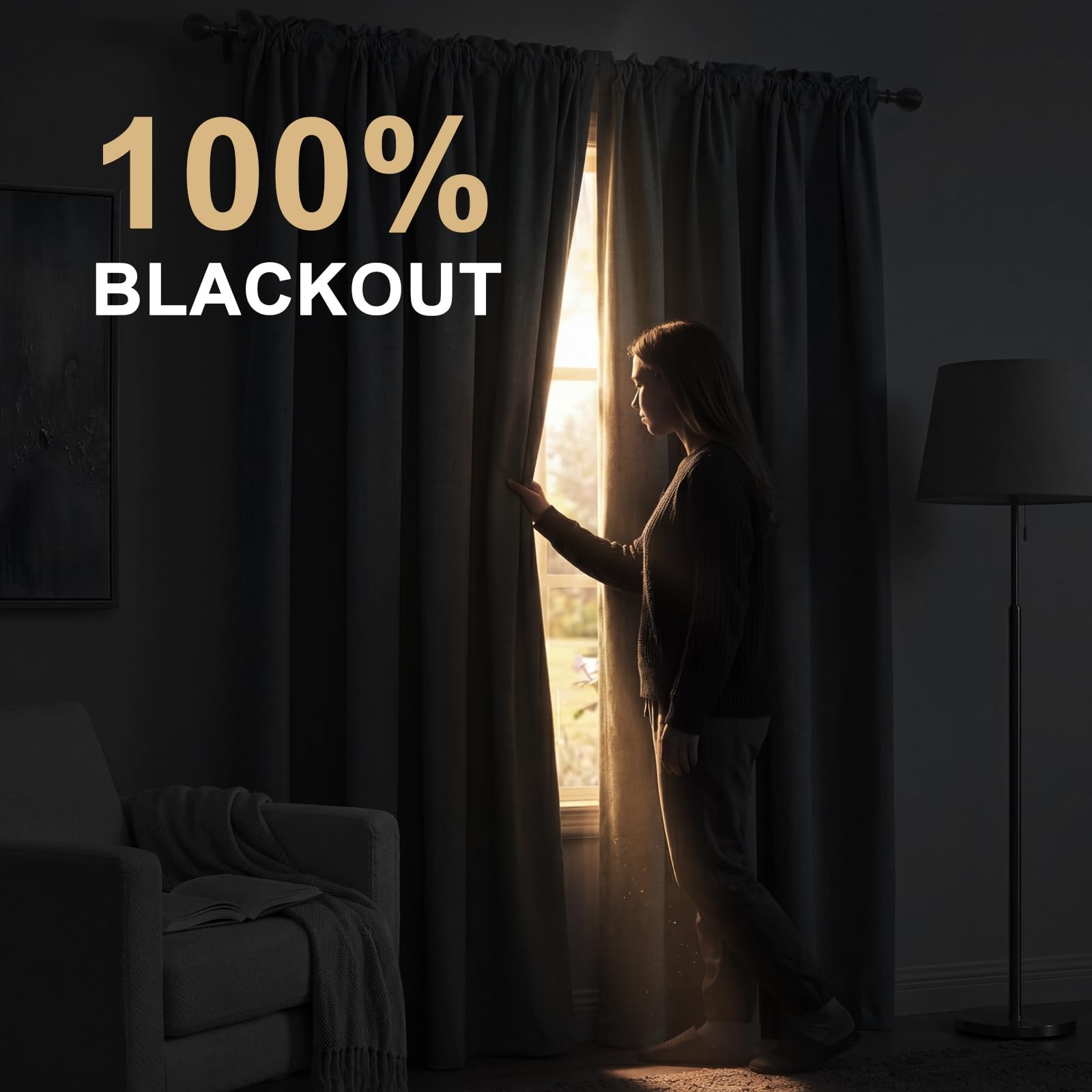 100% Blackout Linen Curtains for Bedroom 84 inches Length 2 Panels Set,Black …