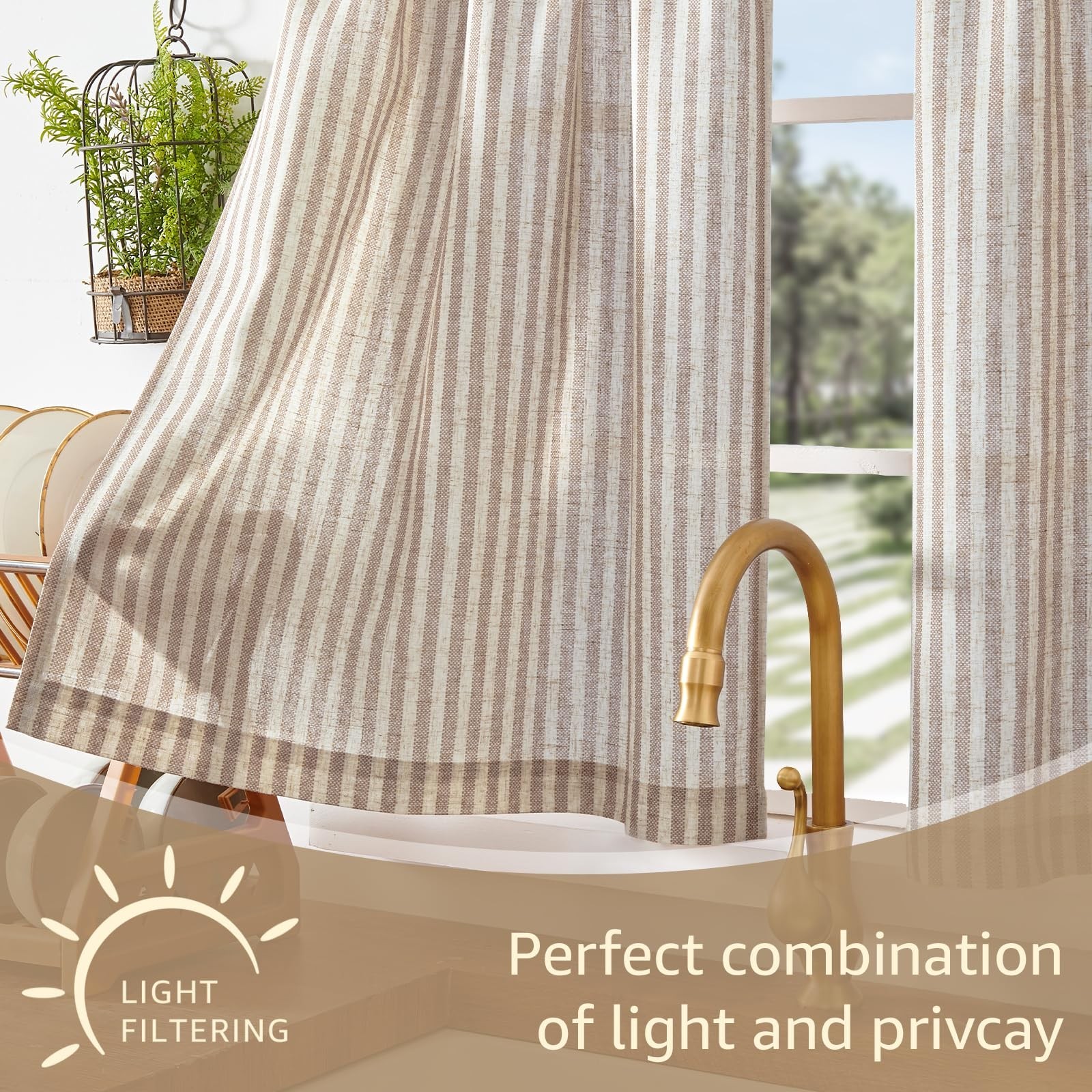 Striped Tier Curtains Set – 36″ Ticking Stripe Linen Valances for Kitchen & Bath