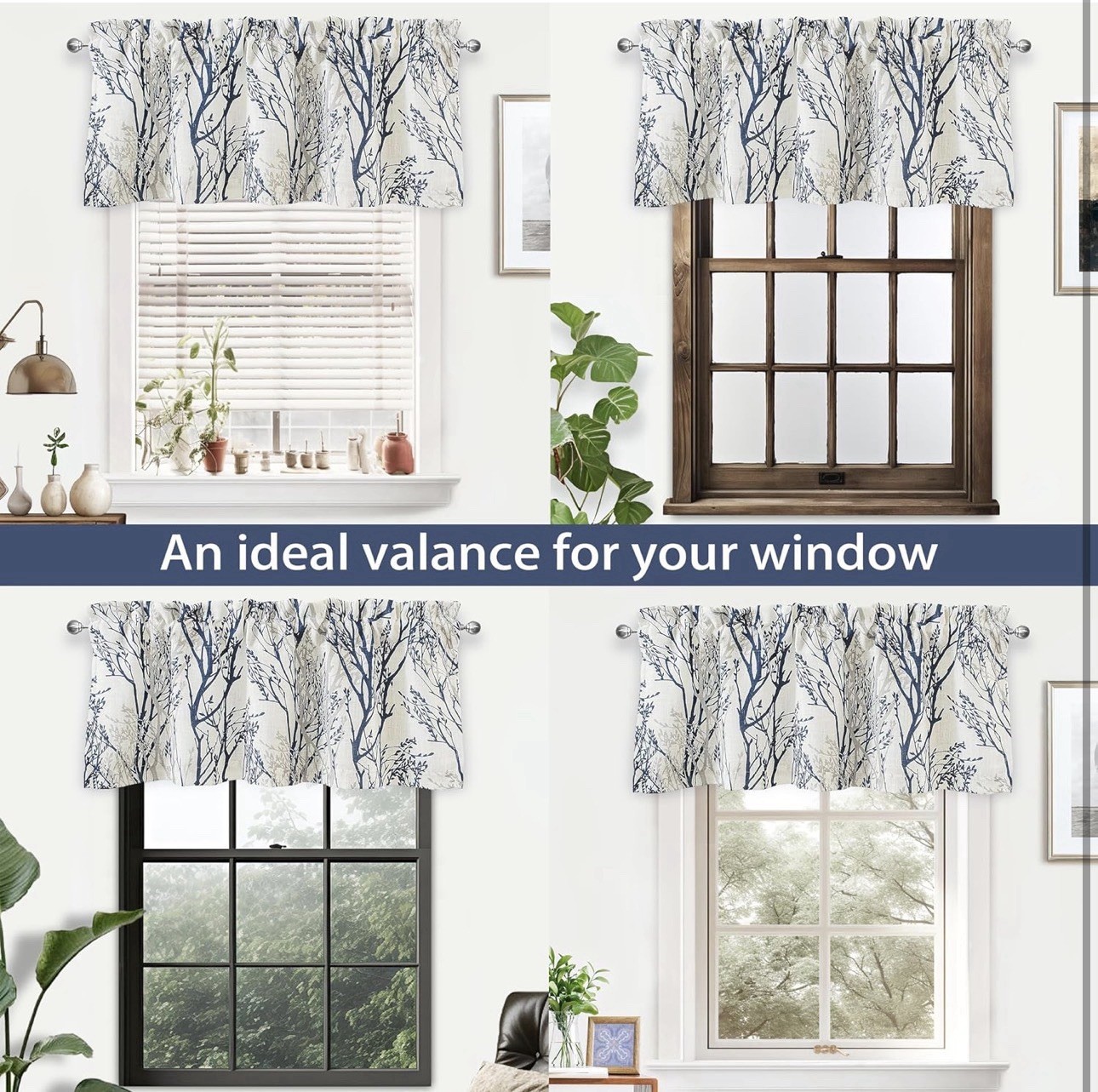 DriftAway Tree Branch Linen Blend Lined Blackout Rod Pocket Valance Blue 52 x 18