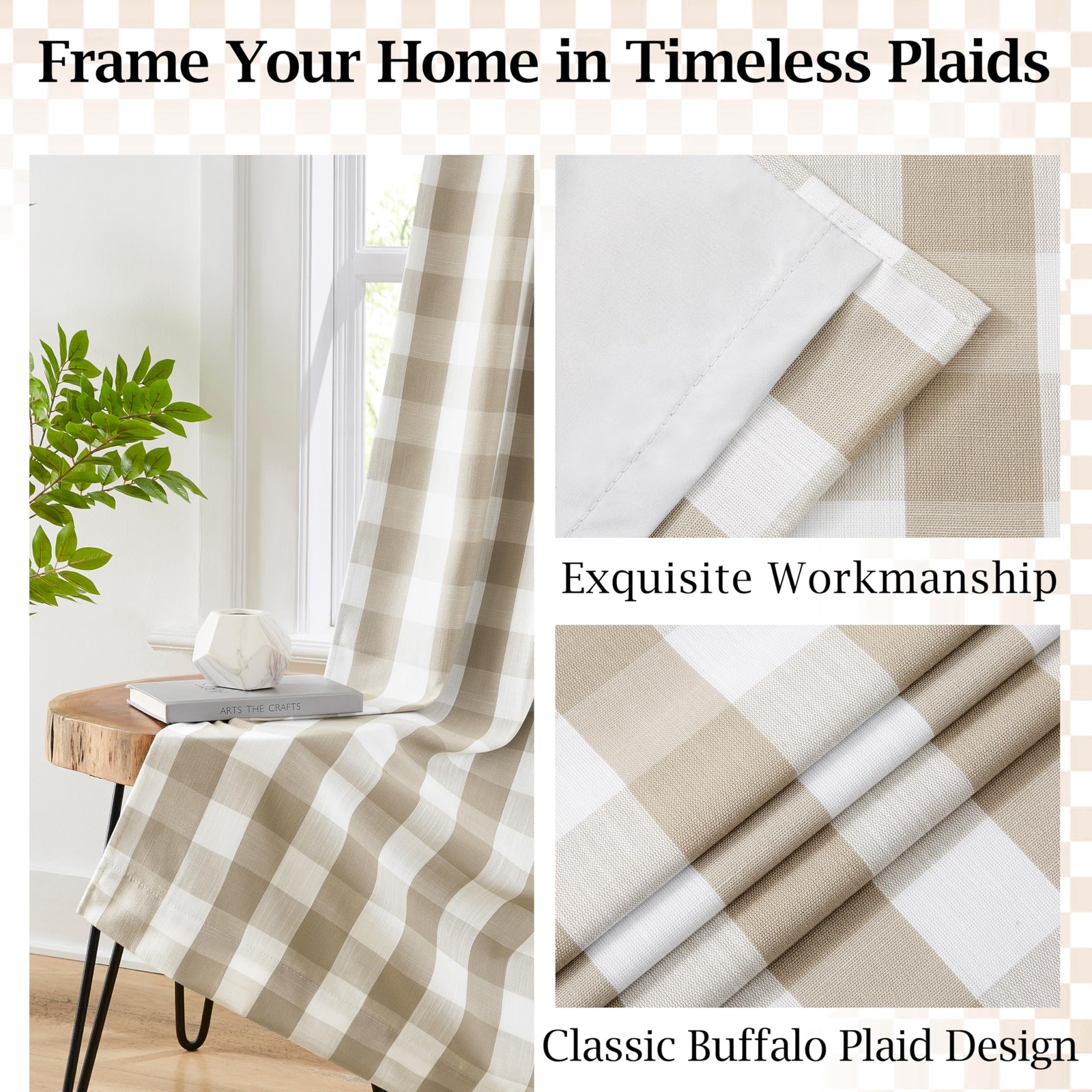 Beige White Buffalo Plaid Blackout Curtains 84 Inches Long for Bedroom Living…