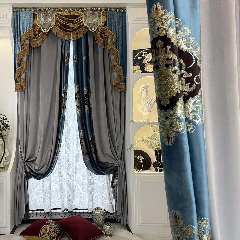 European elegant velvet splicing grey thick cloth curtain valance drape C2145