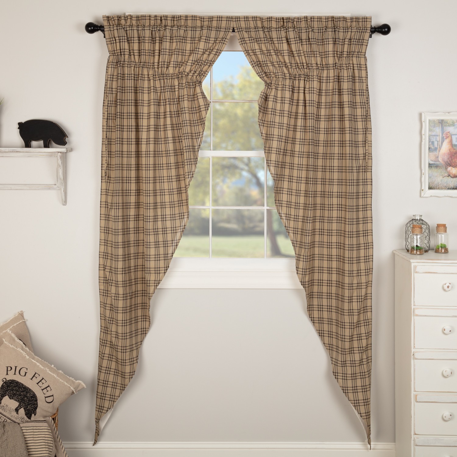 Sawyer Mill Charcoal Tan Plaid Lined Country Gathered Long Prairie Curtains
