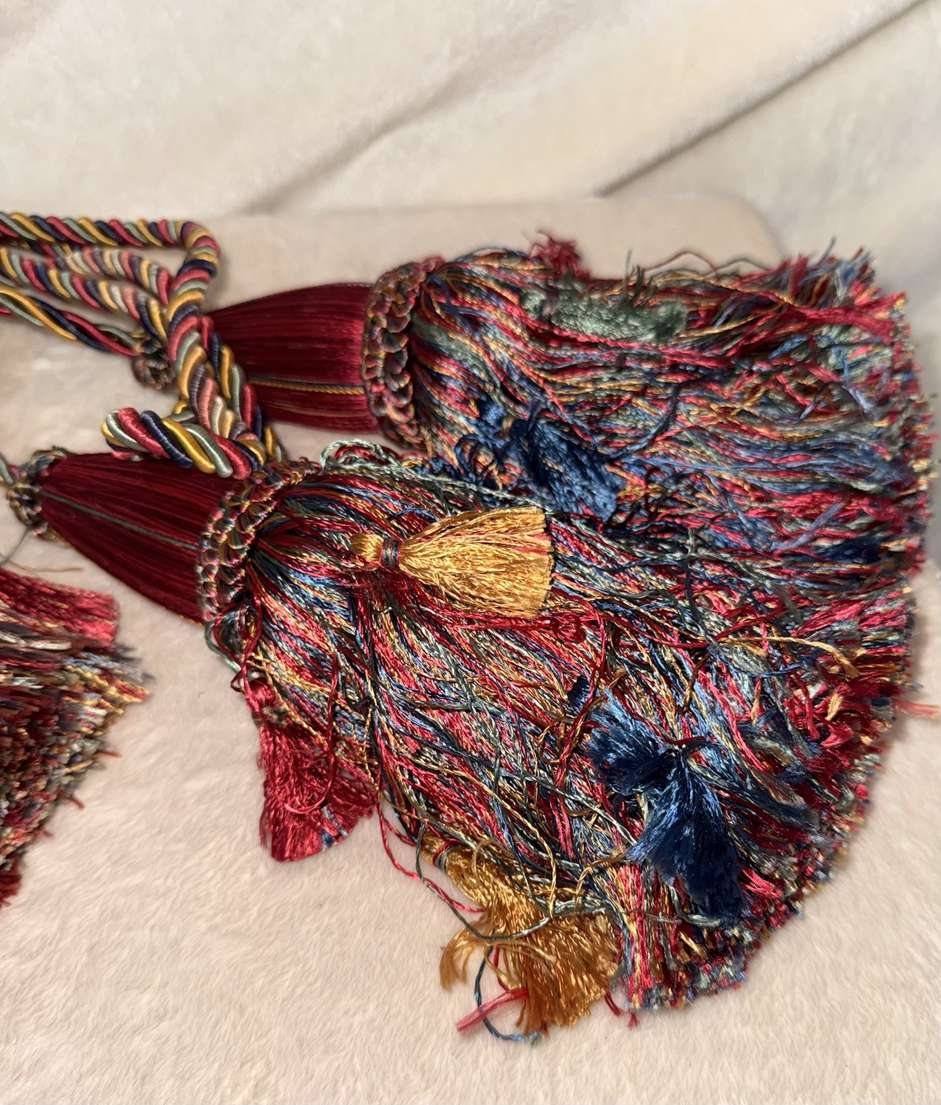 Set 2 – Vintage 10” DOUBLE TASSEL Drapery Tiebacks, 29” L, RED BLUE GREEN GOLD