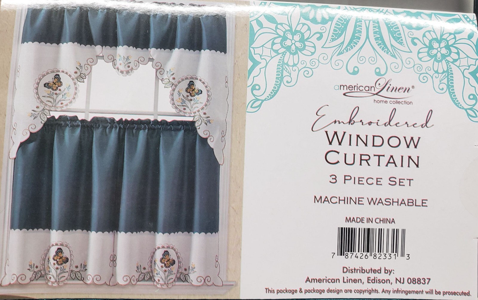 3pc. Embroidery Curtains Set:2 Tiers & Swag (60″x36″) BUTTERFLIES, blue, AL