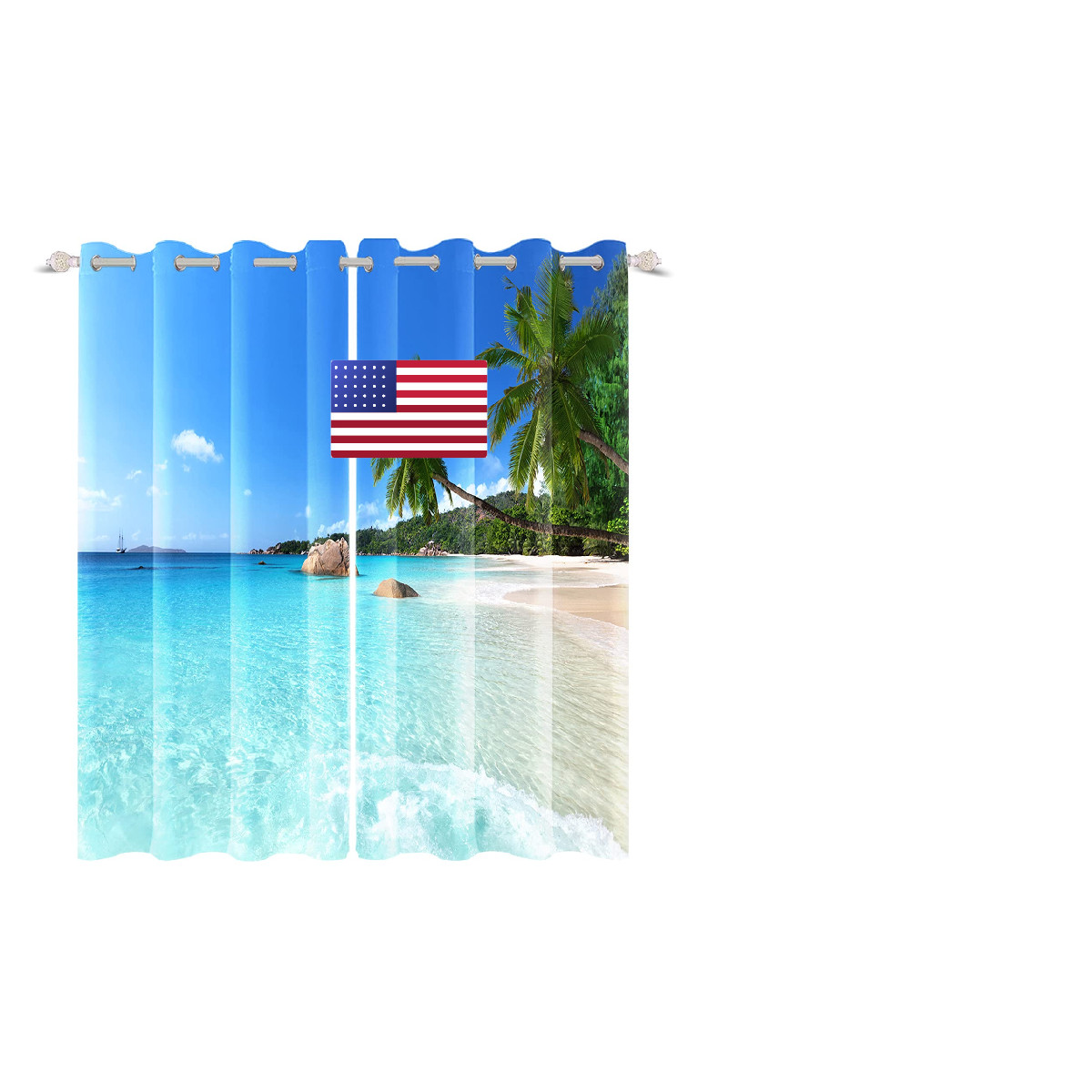 Renaiss Seaside Window Curtains Sunny Beach Ocean Waves Coconut Palm Window