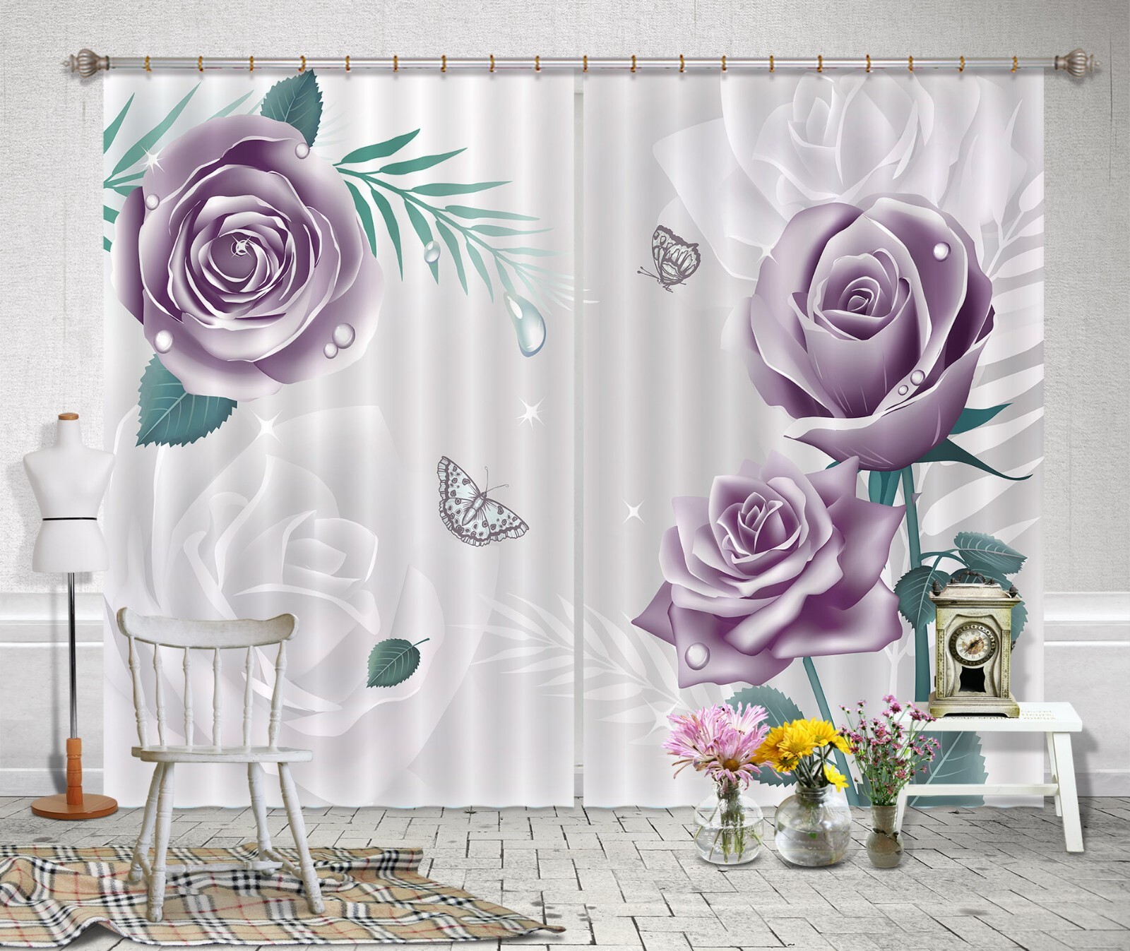 3D Purple Flower Butterfly ZHUA142 Photo Curtain Window Blockout Fabric Amy 2023