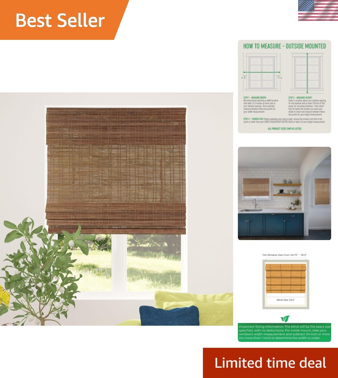 Cordless Bamboo Roman Shade Blind, Light Filtering, 34.5″ W x 48″ H, Ceylon C…