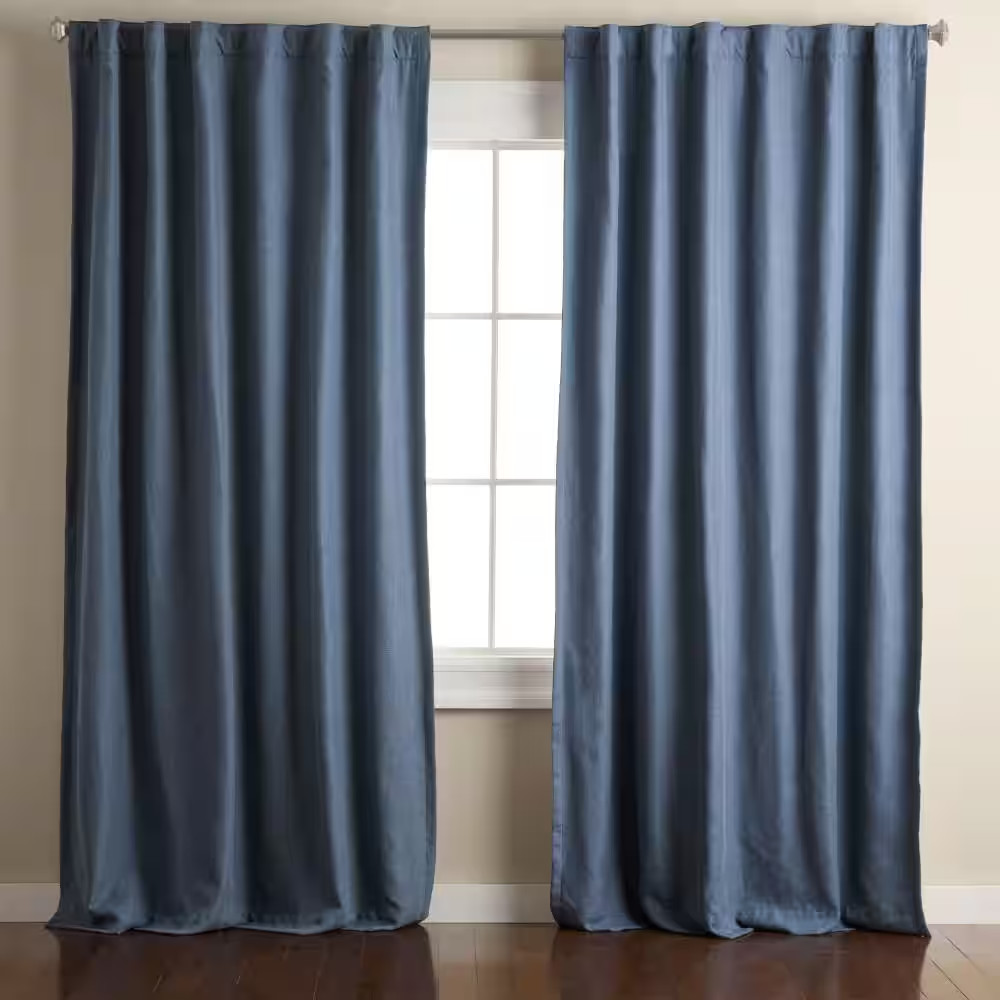 Arlo Solid Linen Texture 50 In. W X 96 In. L Polyester Blackout Navy Blue Curtai