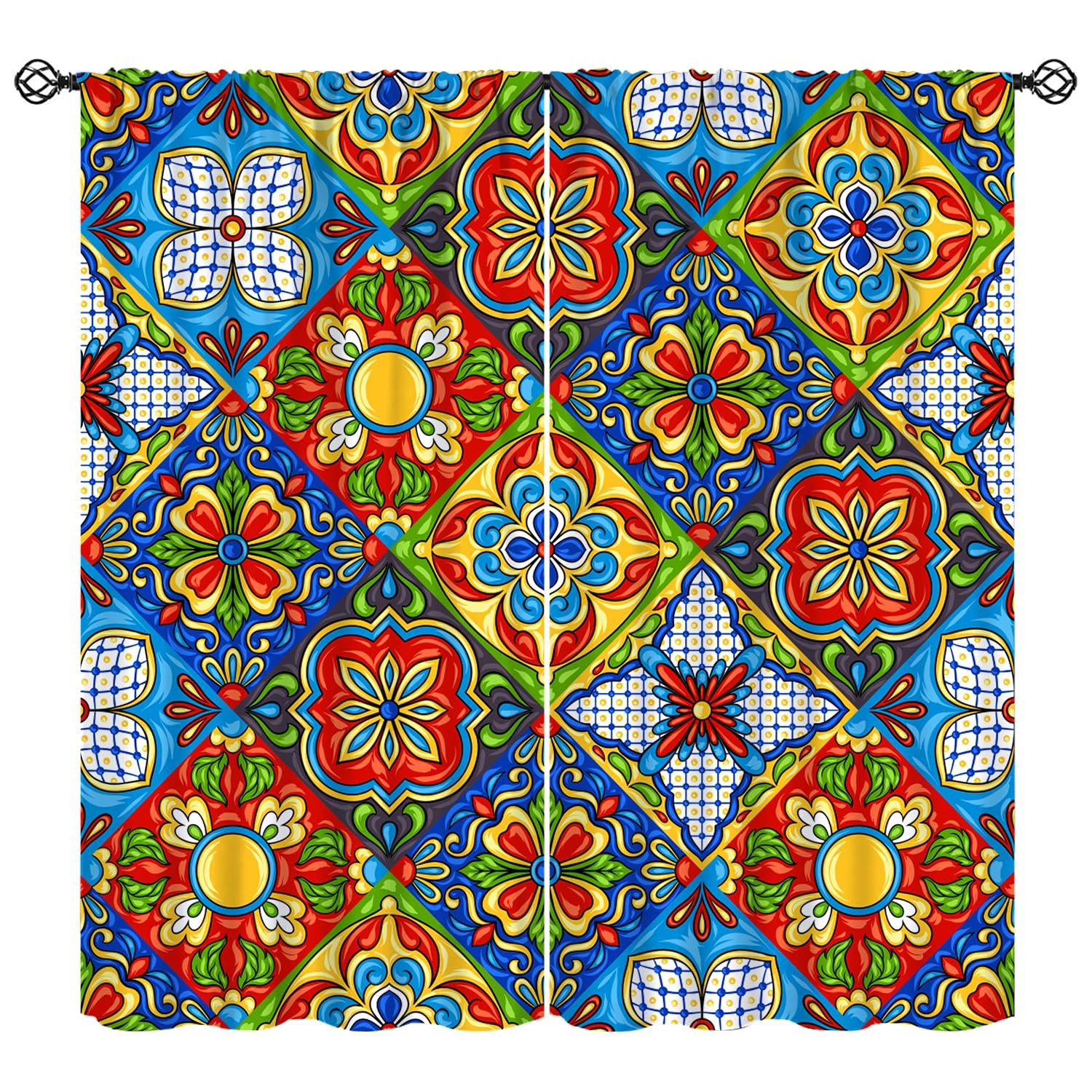 Mexican Tile Curtains, Boho Colorful Flowers Talavera Style Pattern Print Win…