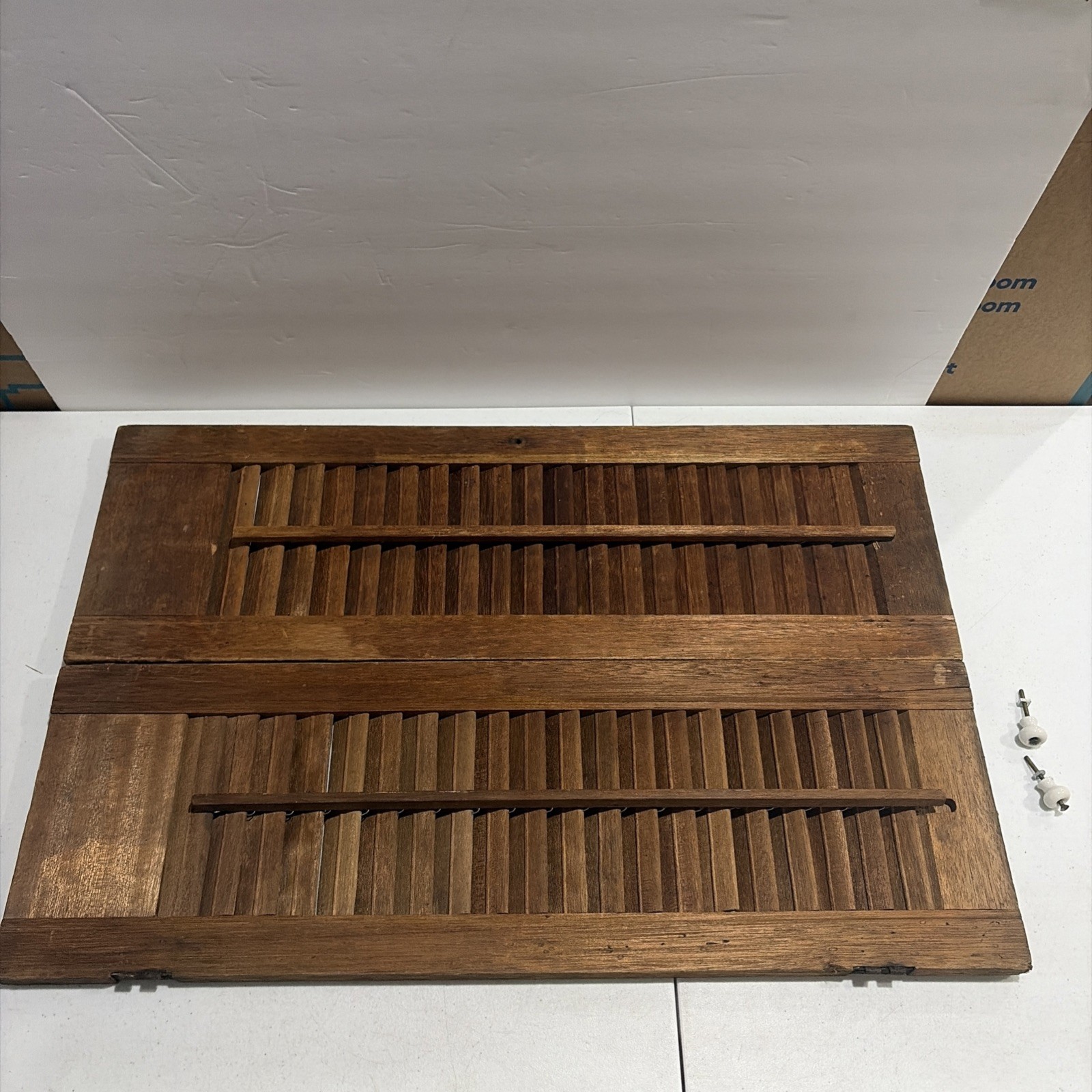 VINTAGE SET OF LOUVERED WOODEN SHUTTERS 26” X 17”- Unpainted With Knobs