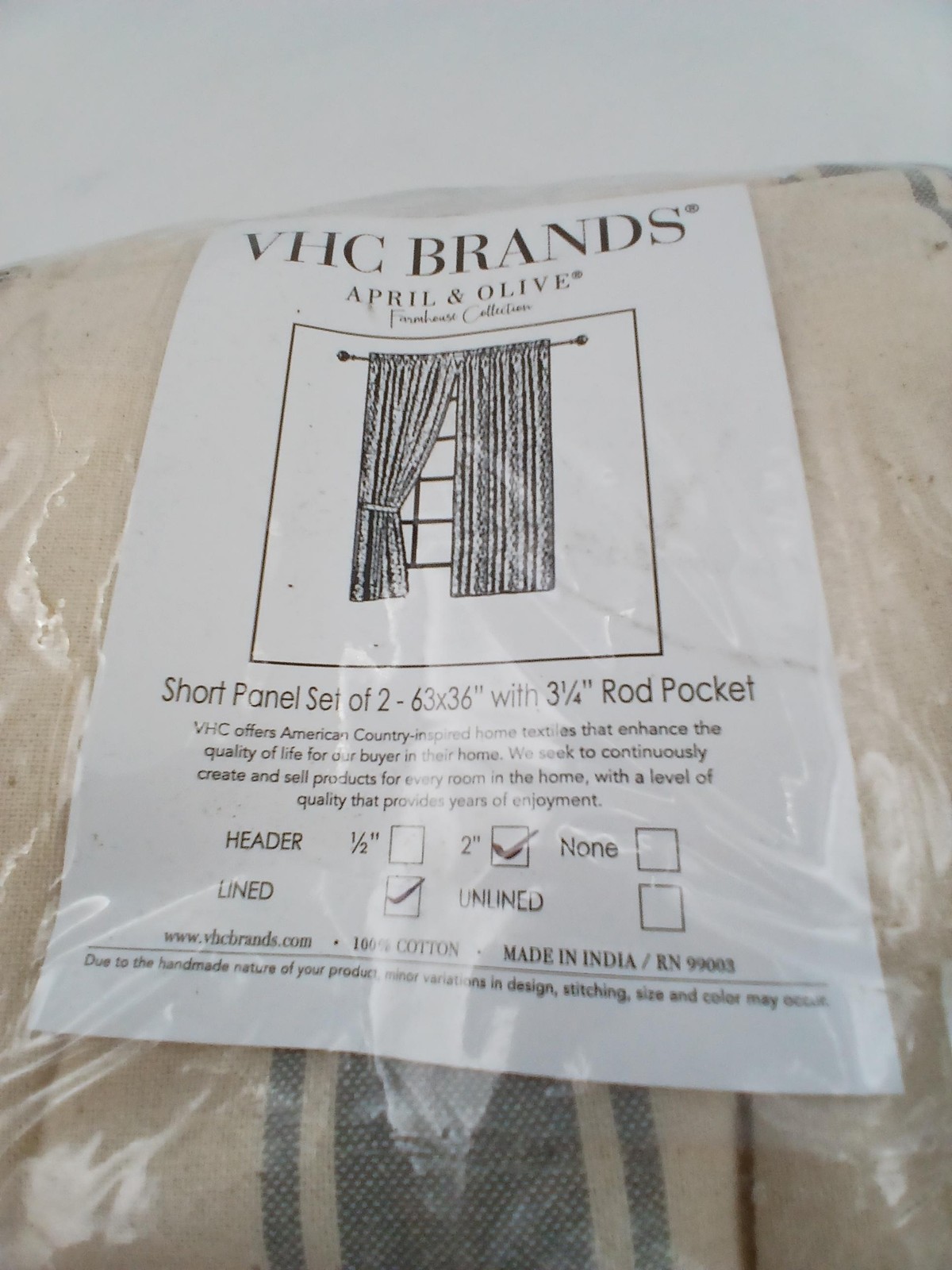 VHC Brands Grace Grain Sack Curtain Panel Set 2 Unlined 63×36 Stripe Farmhouse