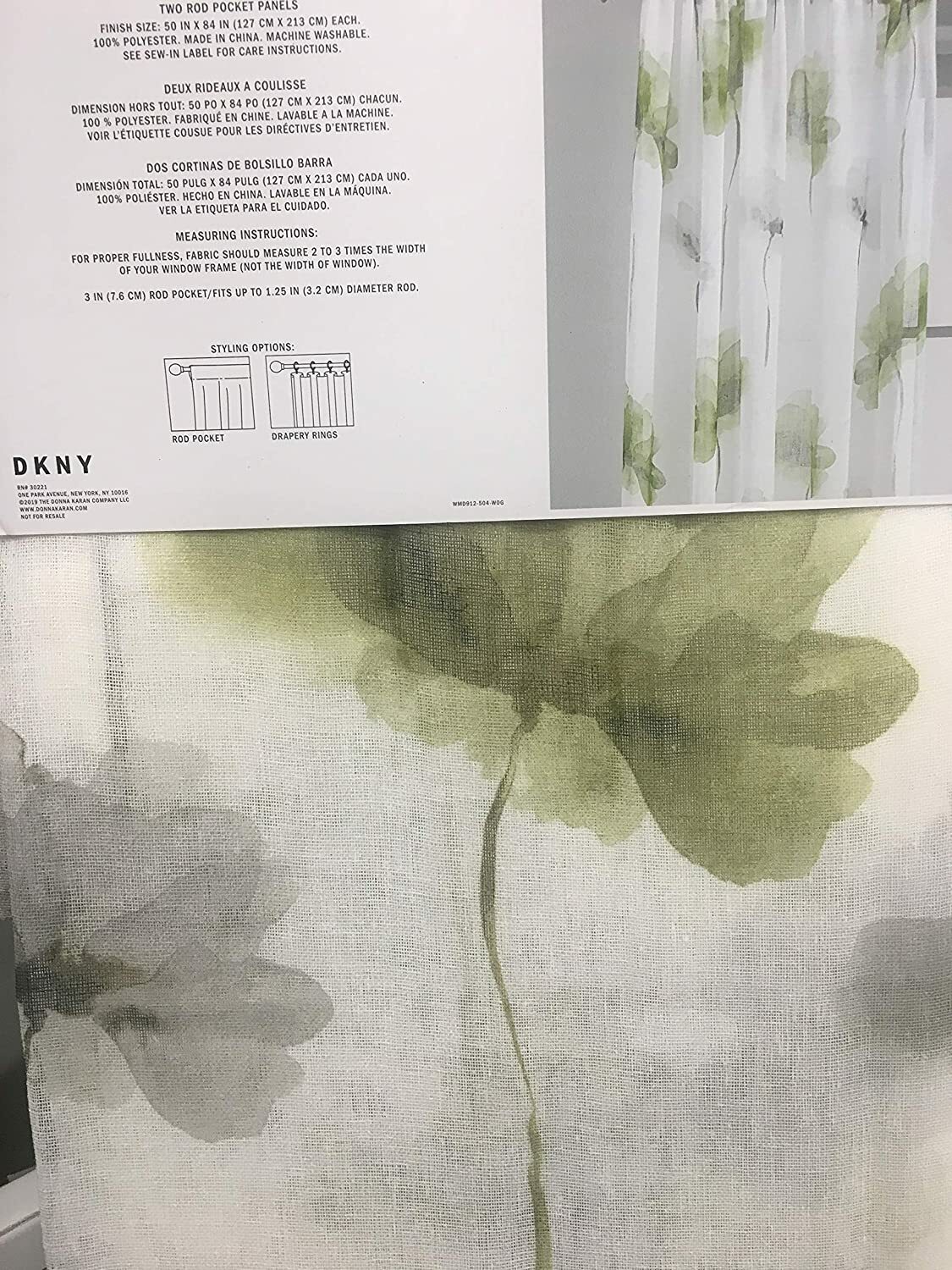DKNY Floral IRIS Window Curtain Panels Sheer – Green Ivory White NWT – 50 x 84”