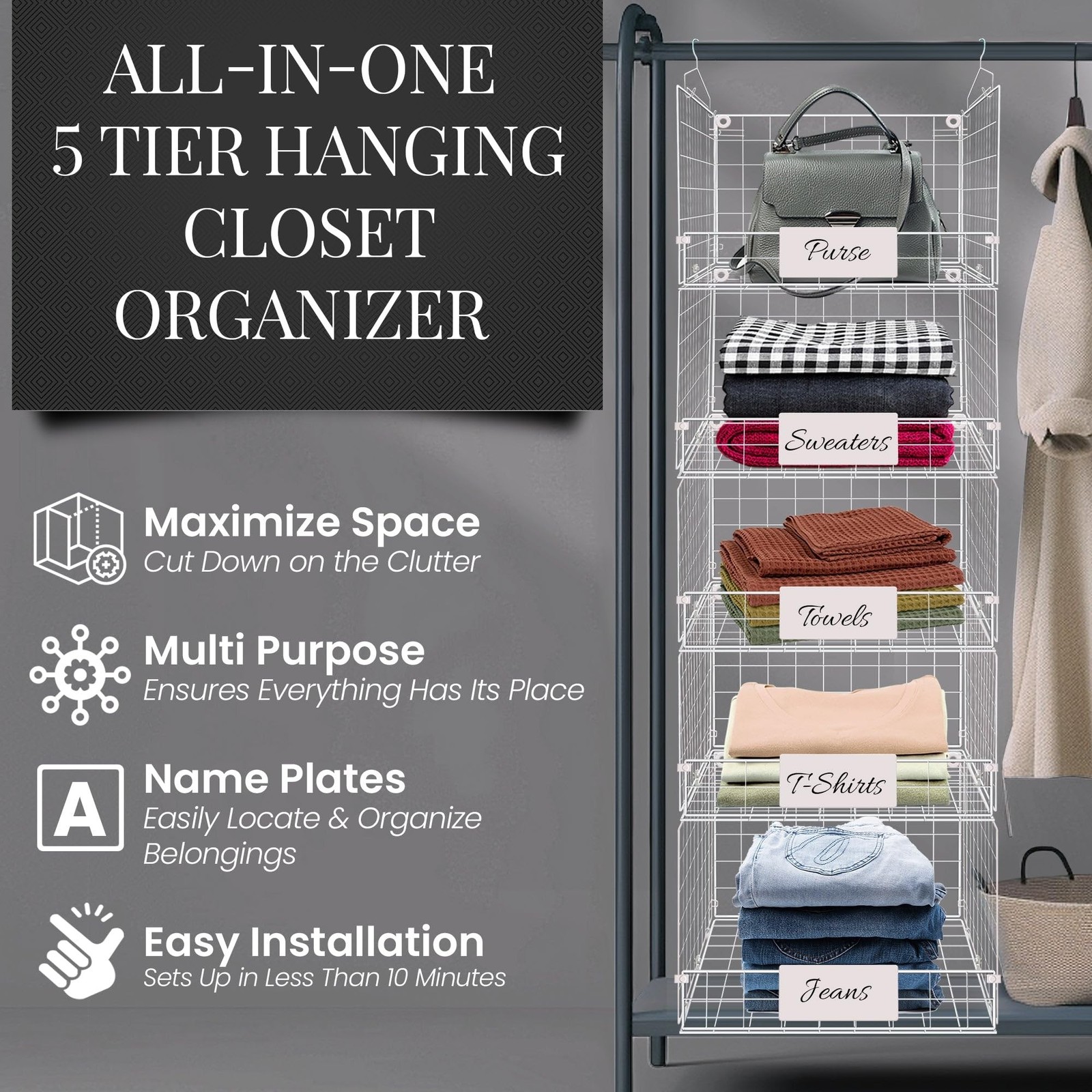 DECOLURE 5-Tier Adjustable Hanging Closet Organizer – Maximize Hanging Sto