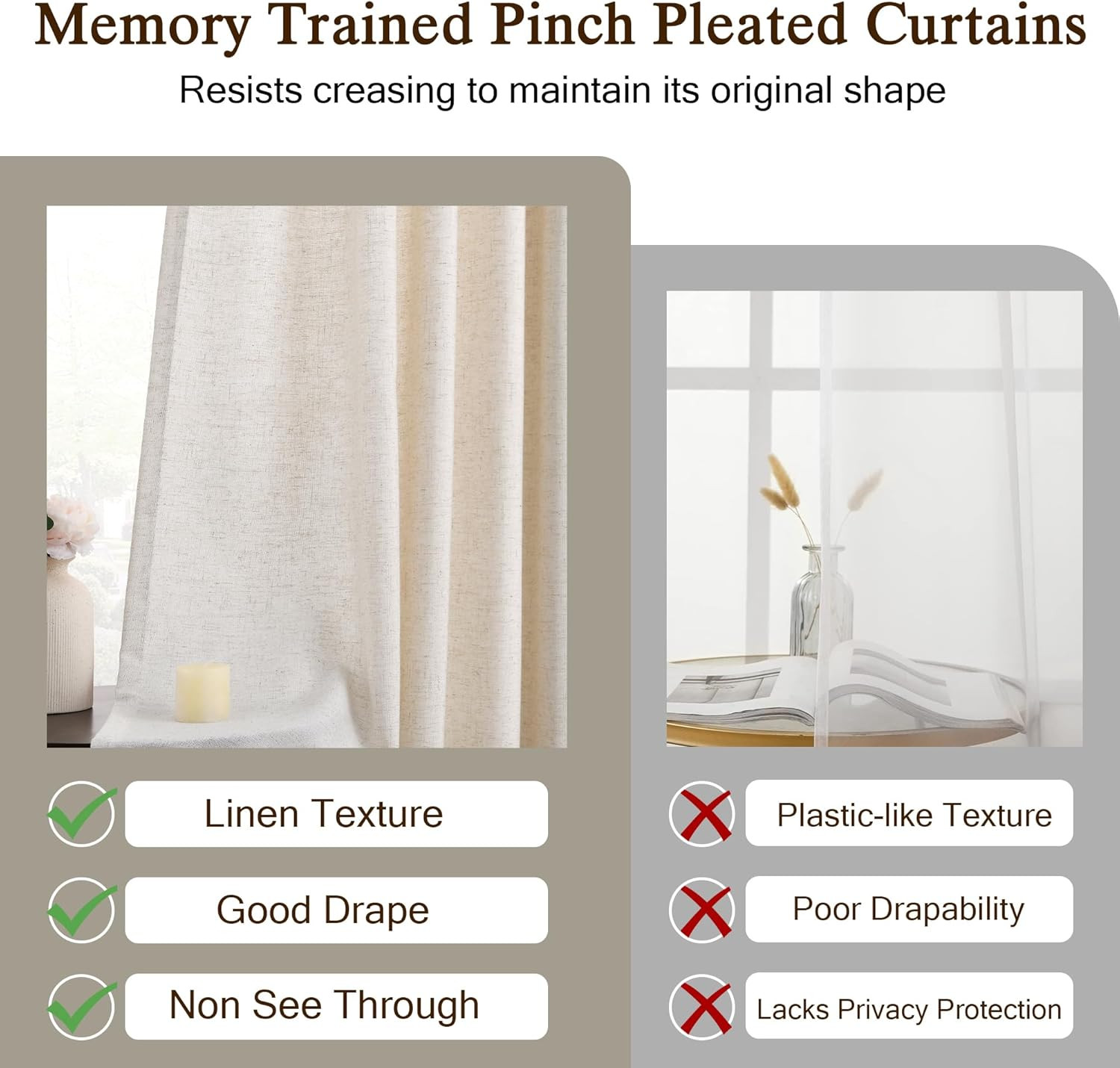 Luxury Beige Pinch Pleated Linen Curtains for Sliding Doors – 2 Panels Set