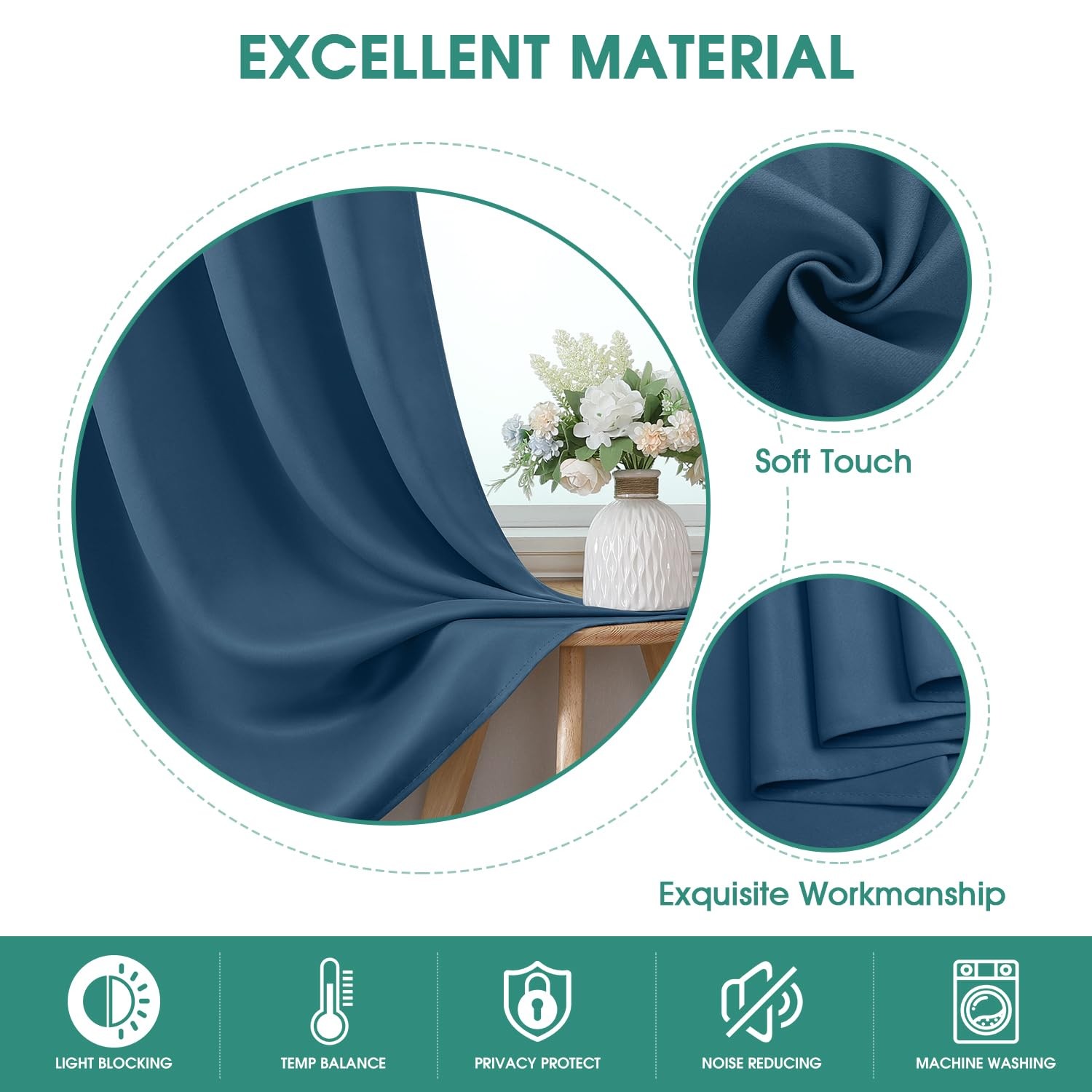 HOMEIDEAS Dark Teal Blackout Curtains 2 Panels Pinch Pleated W52 x L63