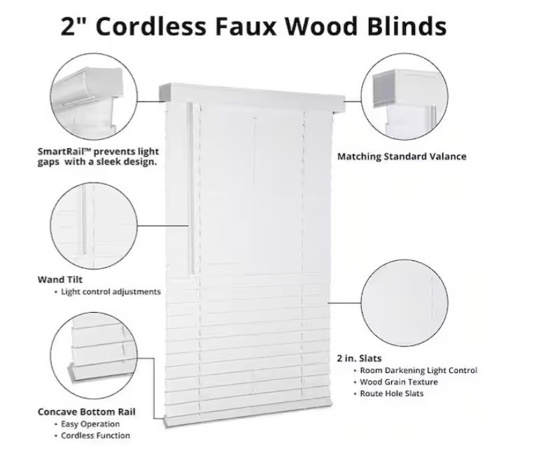White Cordless Faux Wood Blinds 54.5 in W X 64 in L 2 in slats