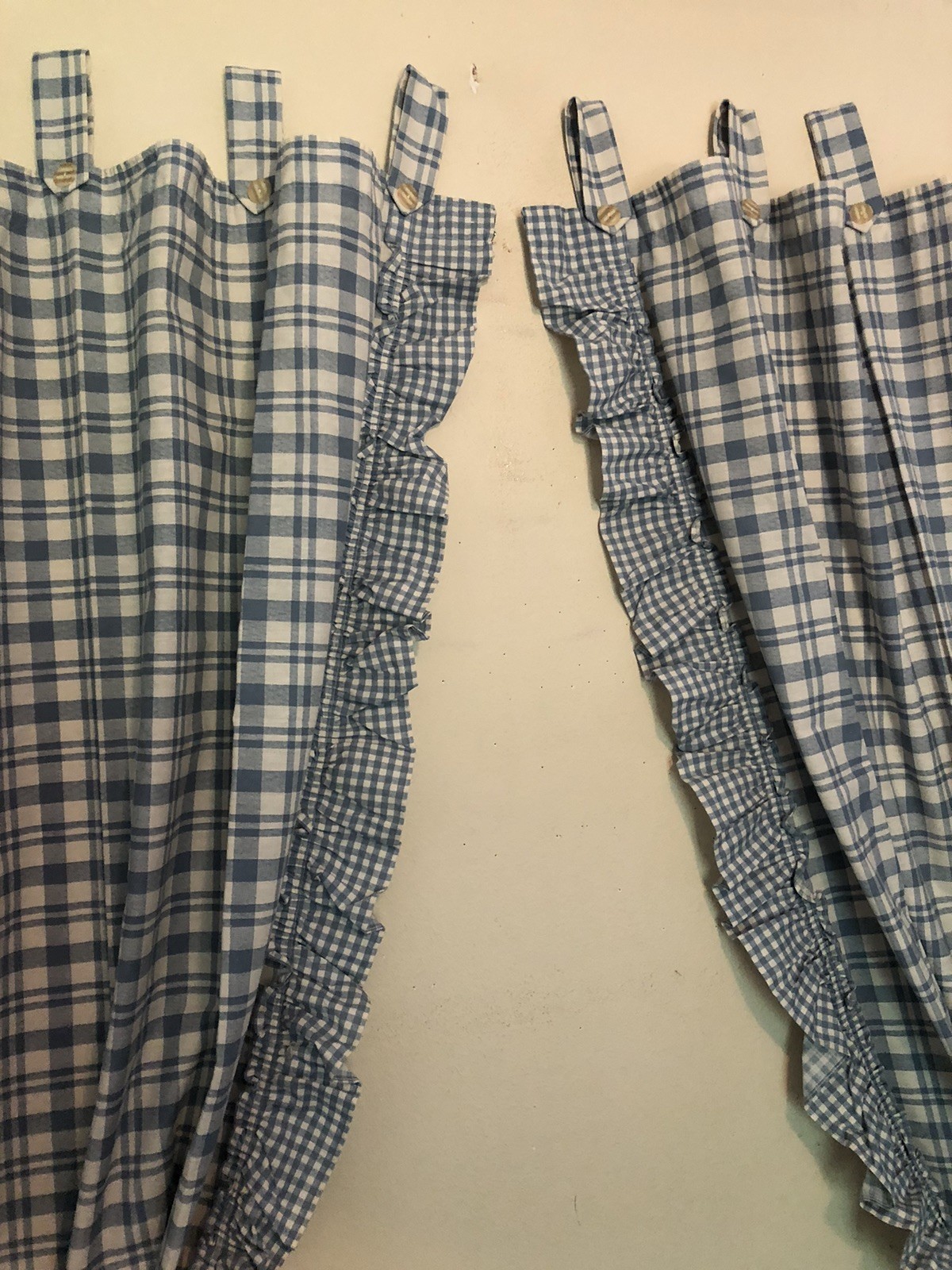 Cottagecore Set Of Curtains Blue White Plaid Ruffled Tab Top Each 80”L x 46”W
