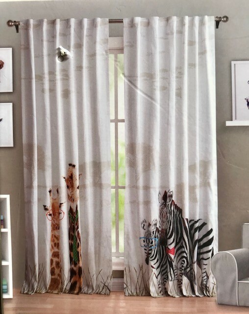 Home Goods Children’s Room 4 Panel Curtains, brand new, giraffe, zebra, glasses