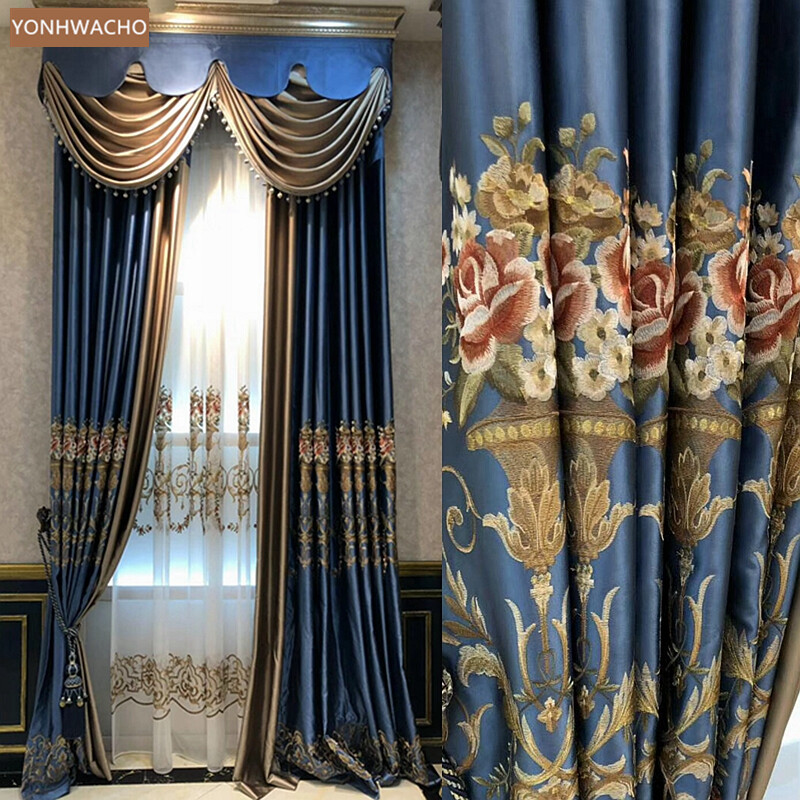 high-precision embroidered blue cloth curtain valance tulle drapery C762