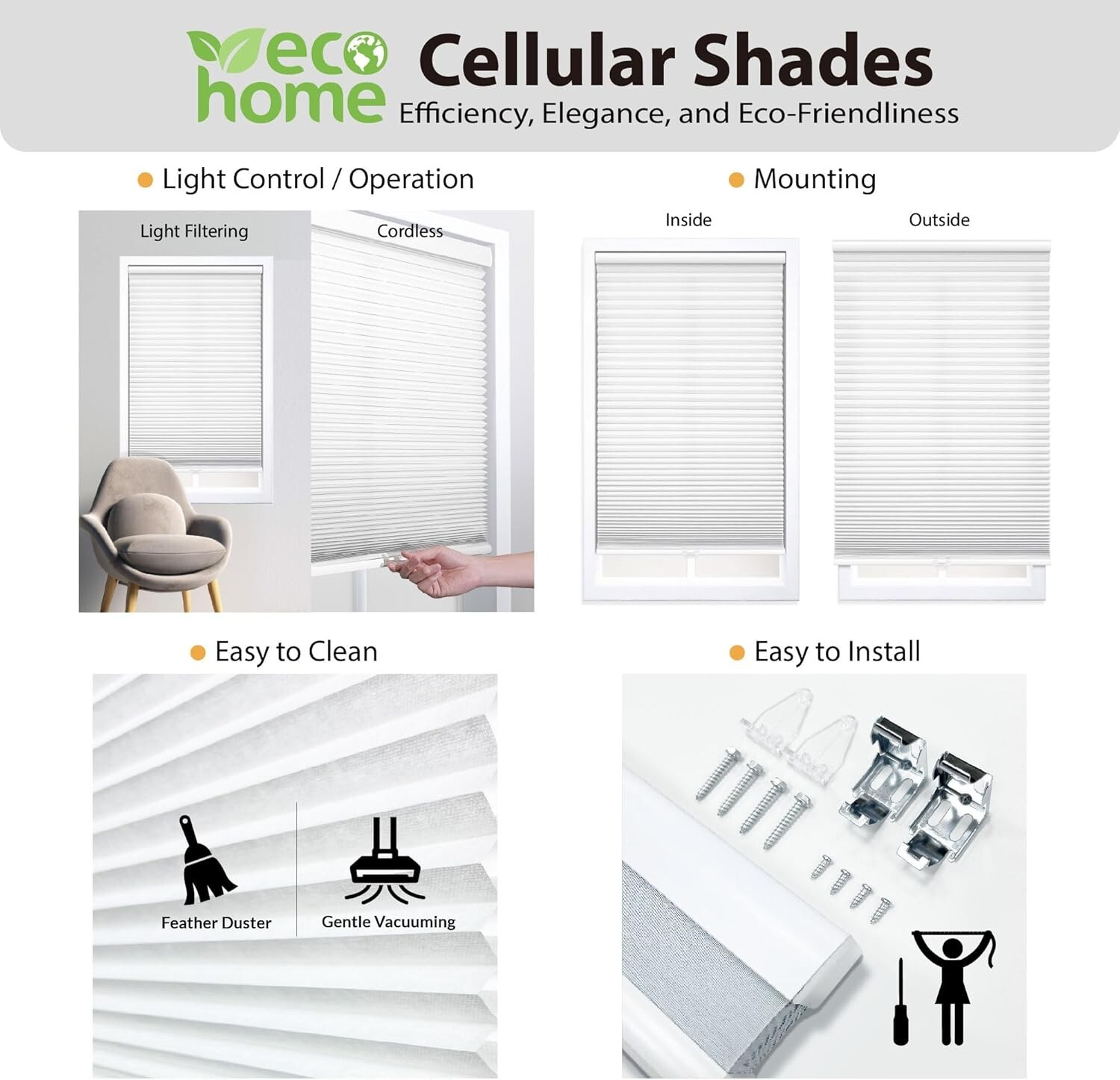 DEZ FURNISHINGS Cordless 1.5″ Light Filtering Celluar Shade 25″W x 84″H Gray