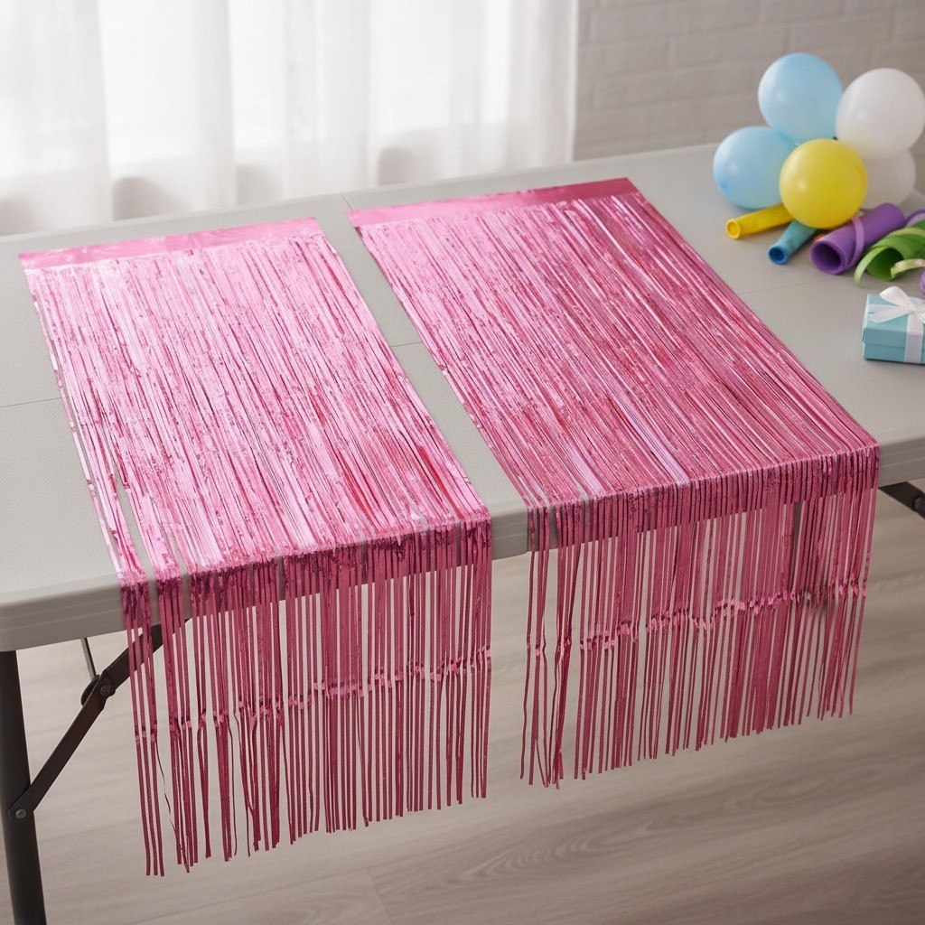 Pink Foil Fringe Curtain Backdrop, 2 Pack, 3.3ft x 6.6ft, Door Streamers